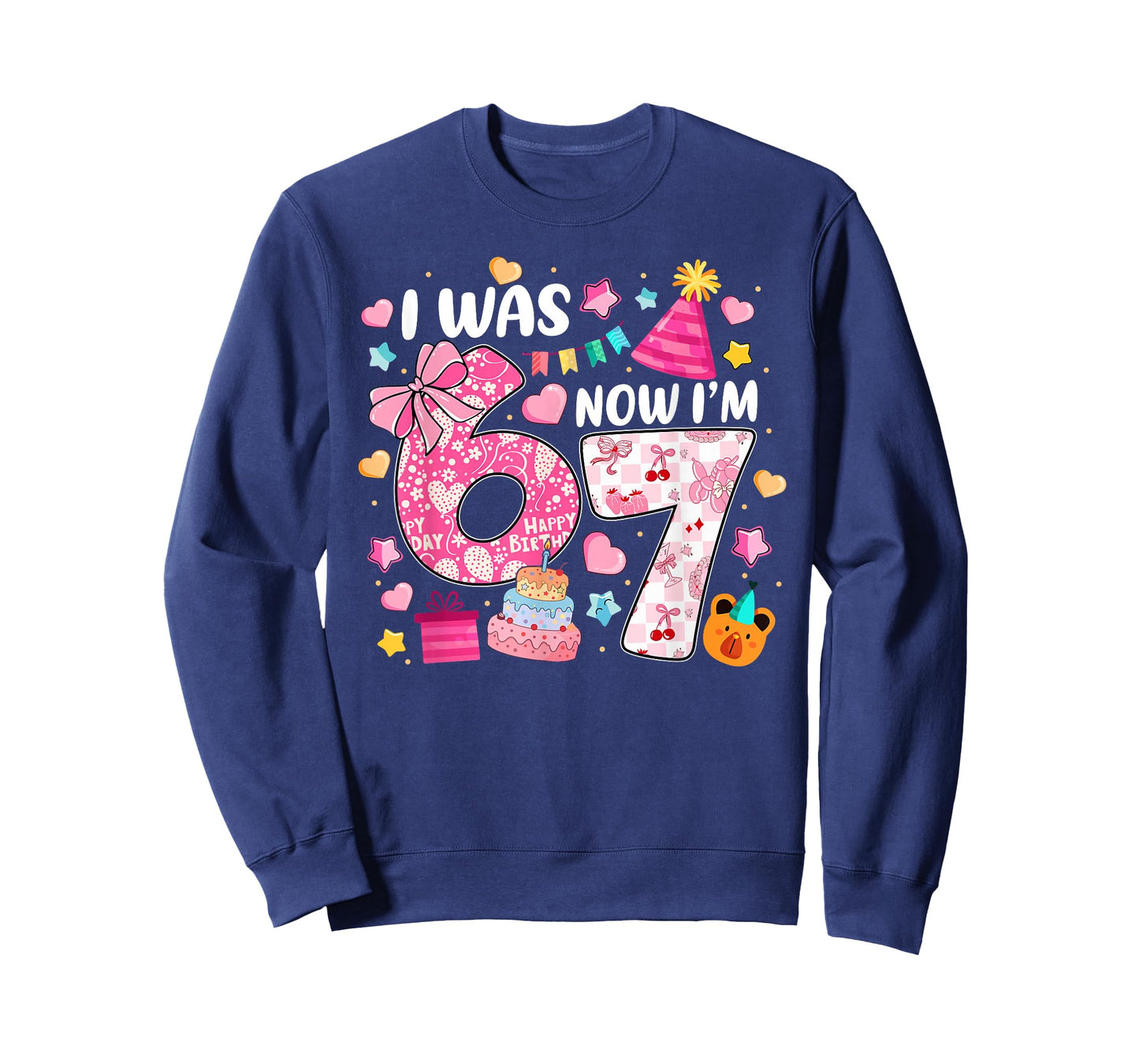 I was 6 Now I'm 7 Birthday Preppy Six Seven Girls Kids T-Shirt - Sweatshirt | Navy