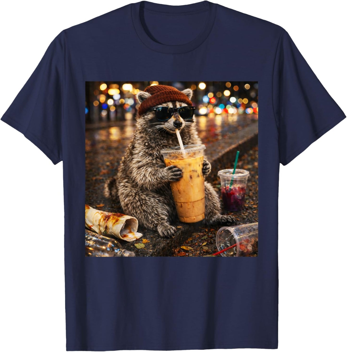 Raccoon Drinking Iced Coffee Funny Animal Meme Men Women T-Shirt - T-Shirt | Navy