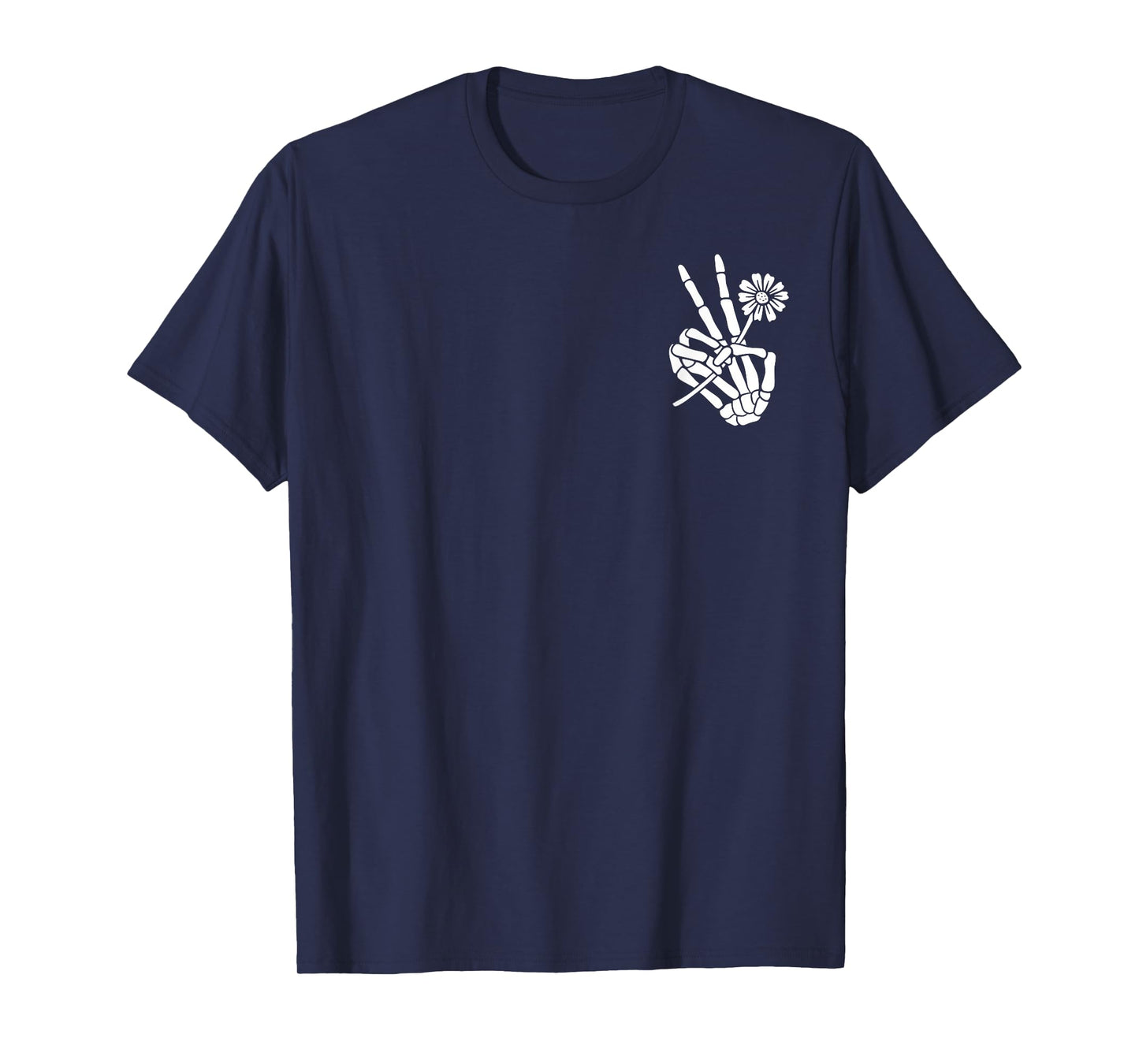 Skeleton Hand Holding Flower Peace Sign Halloween Pocket T-Shirt