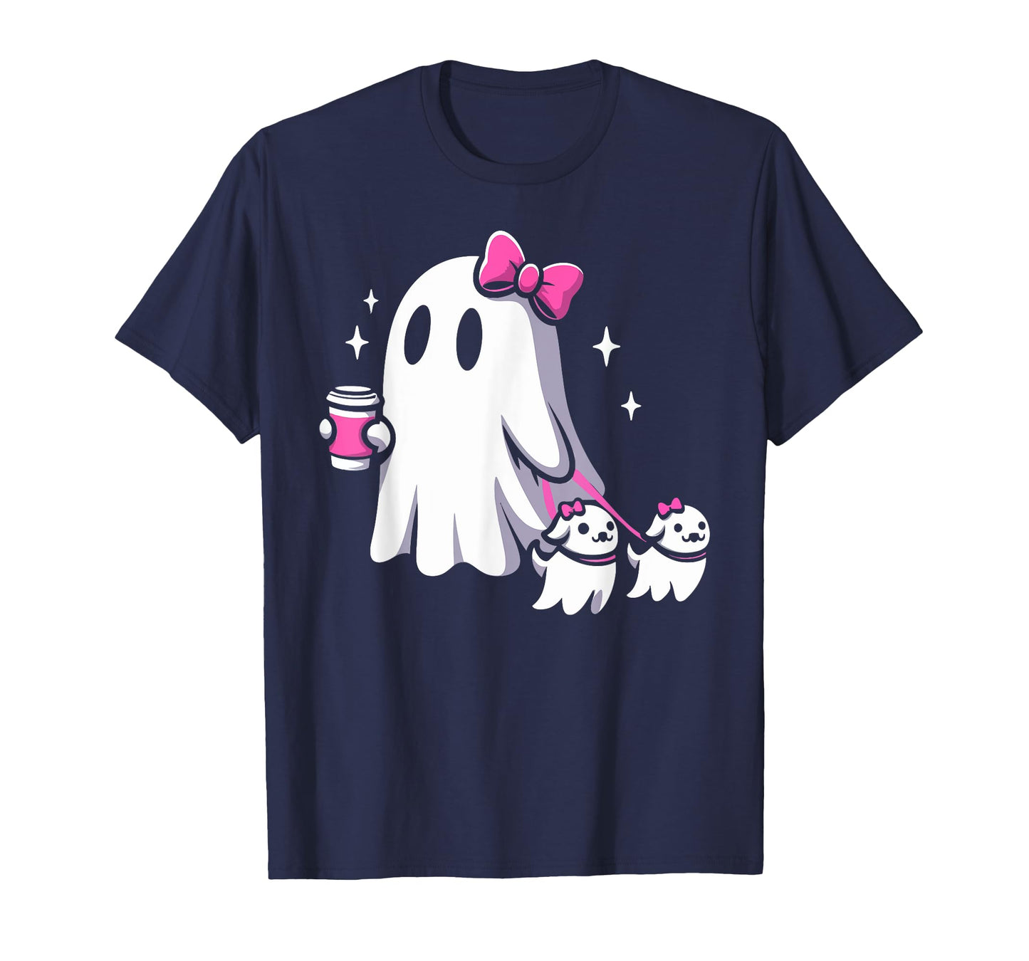 Halloween Cute Ghost Walking Dog Spooky Pink Coquette Ghost Men Women Girls Kids T-Shirt