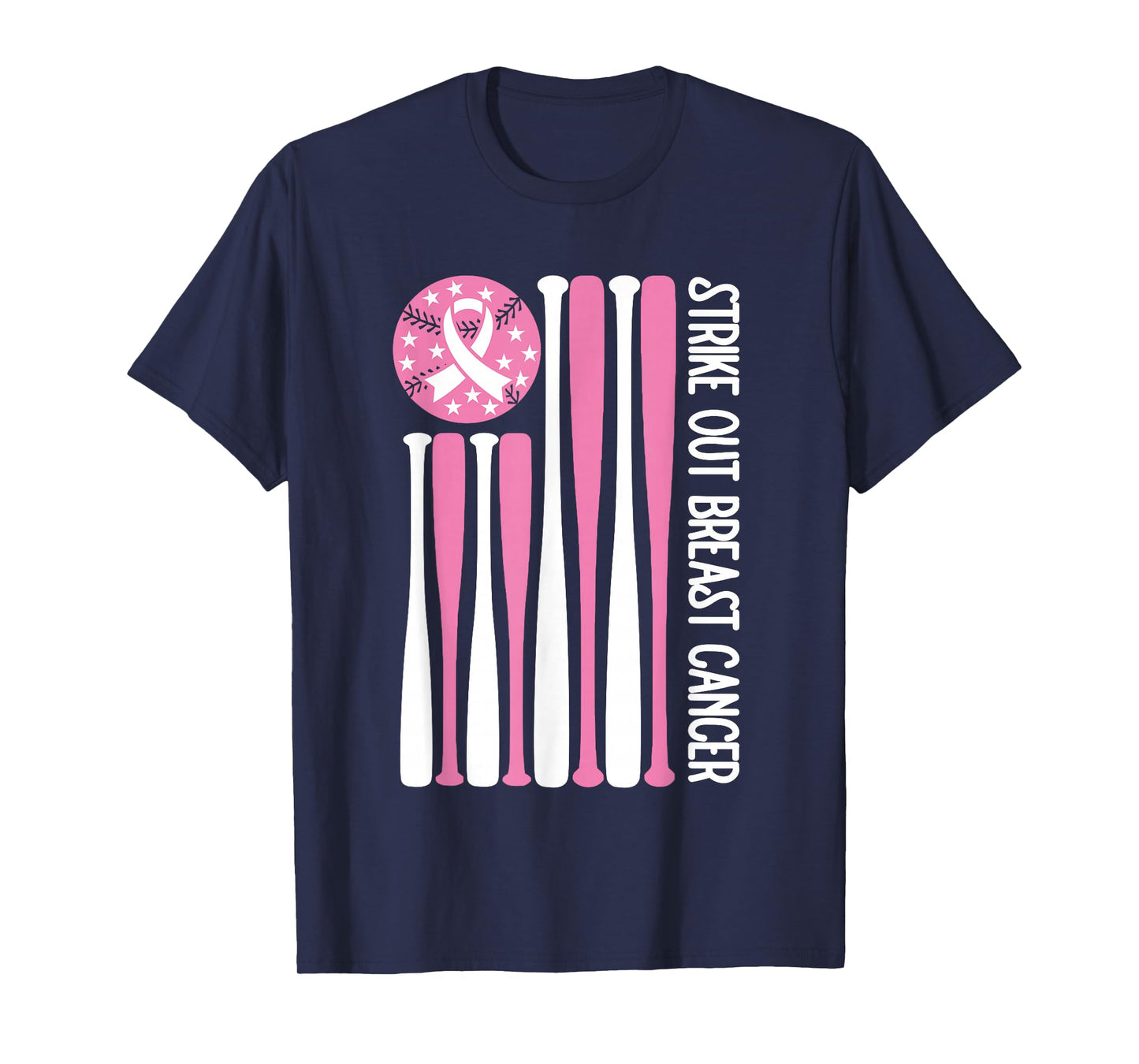 Strike Out Breast Cancer Baseball Lover Pink American Flag T-Shirt