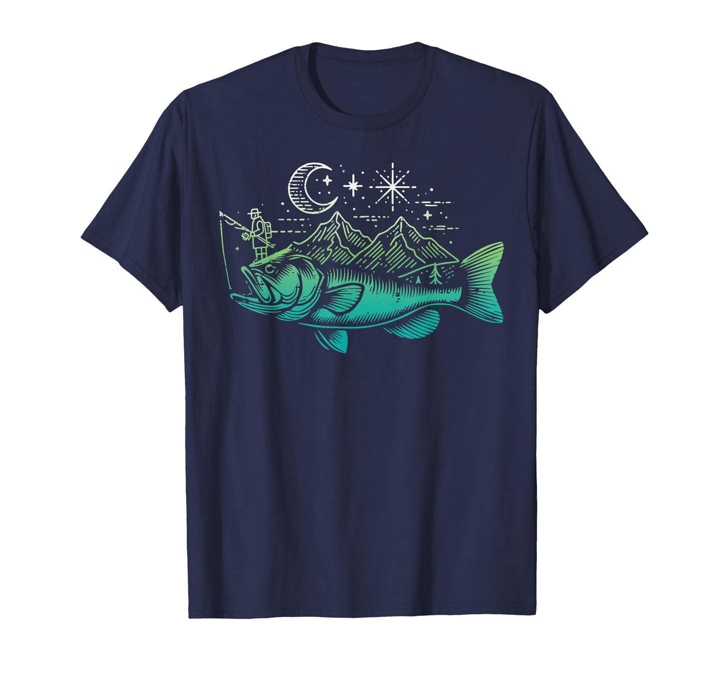 Fishing Bass Fish Mountain Star Fisherman Art Men Women Kids T-Shirt