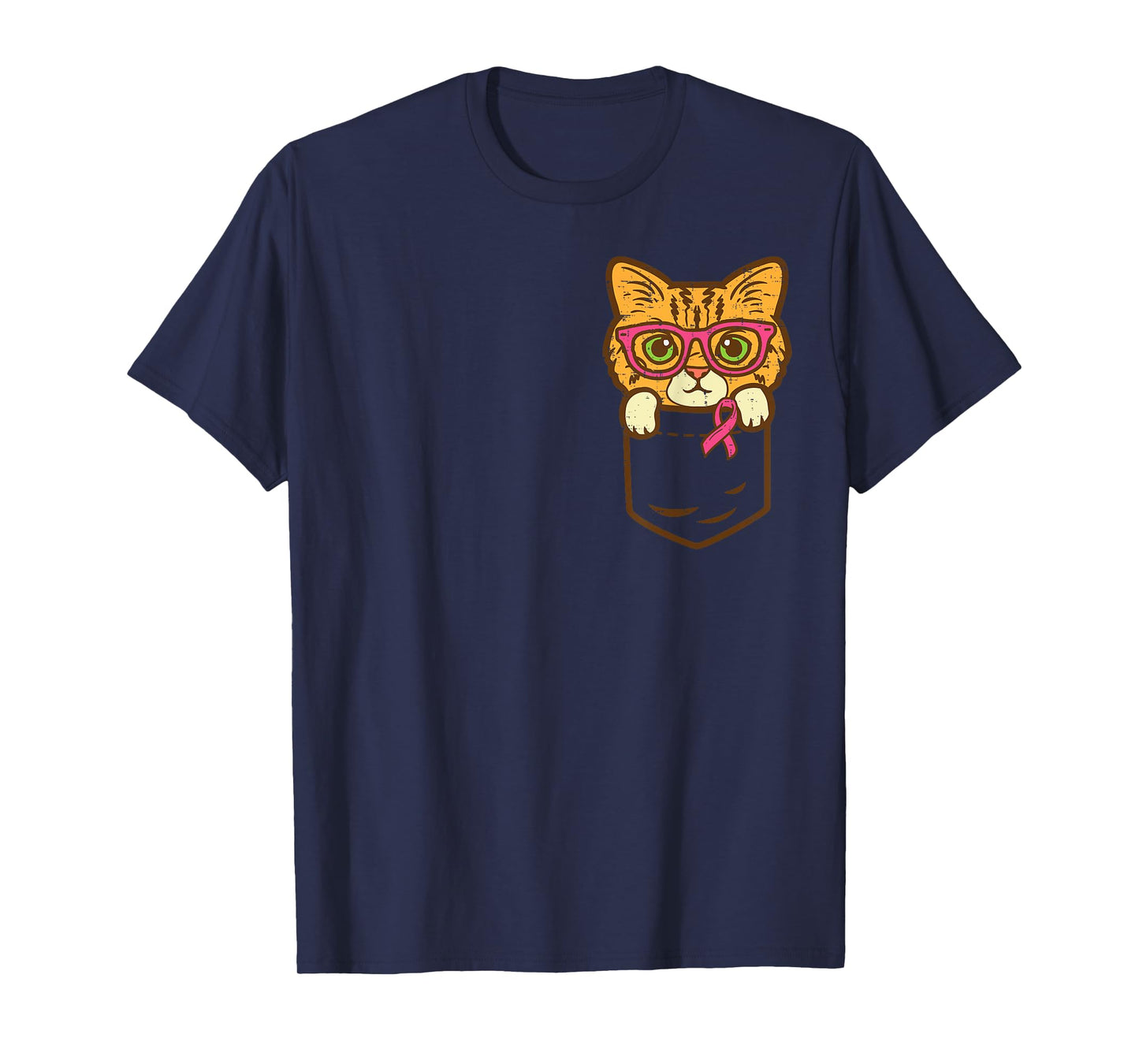Pocket Cat Ribbon Breast Cancer Awareness Men Women Kids T-Shirt