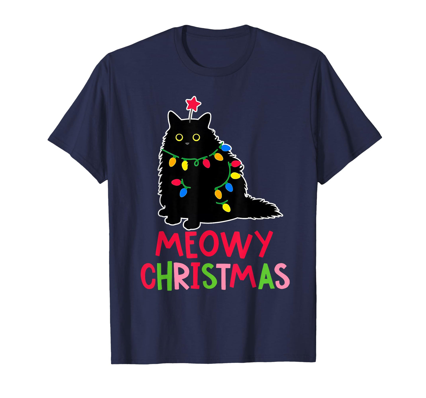 Meowy Christmas Xmas Lights Black Cat Pajamas Family Funny Men Women Kids T-Shirt