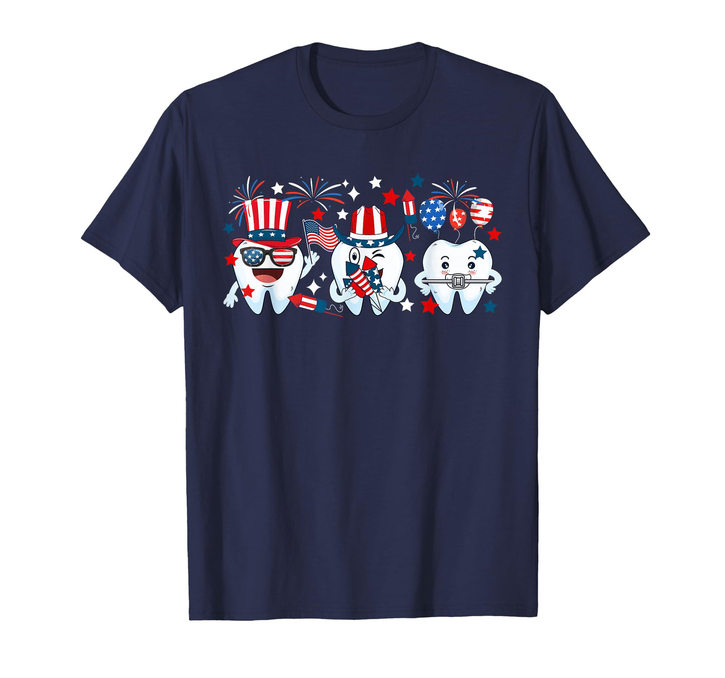 Three Teeth 4th Of July US Flag Firework Dentist Dental Team T-Shirt