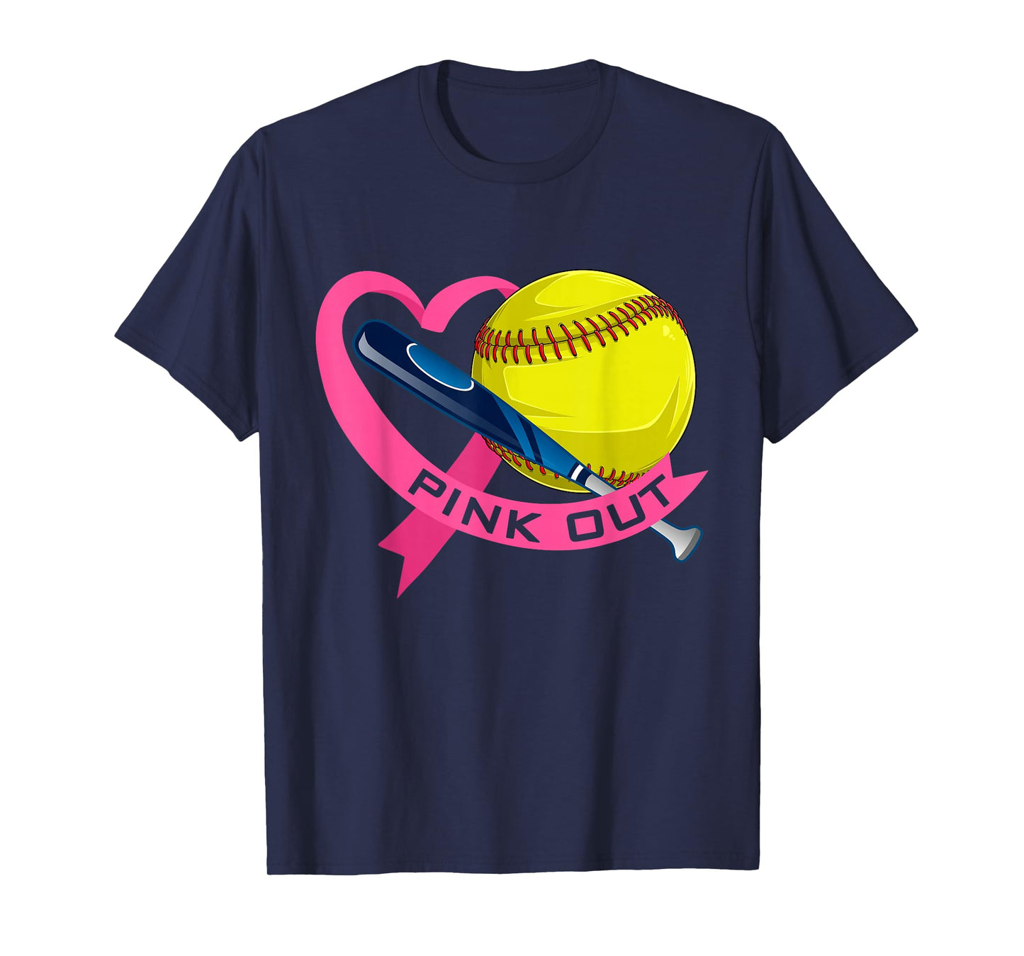 Pink Out Breast Cancer Pink Ribbon Heart With Softball Ball T-Shirt