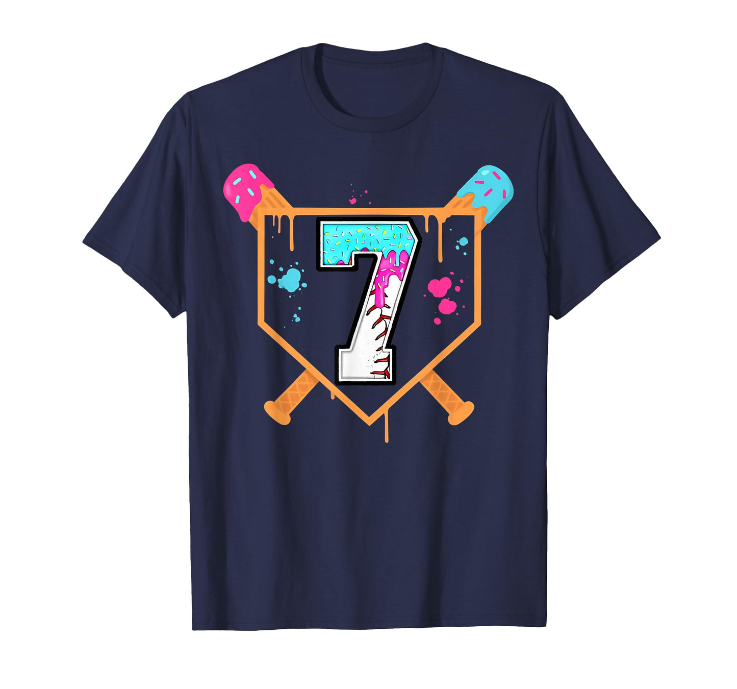 Baseball 7th Birthday Ice Cream Drip 7 Years Old Bday Boy T-Shirt