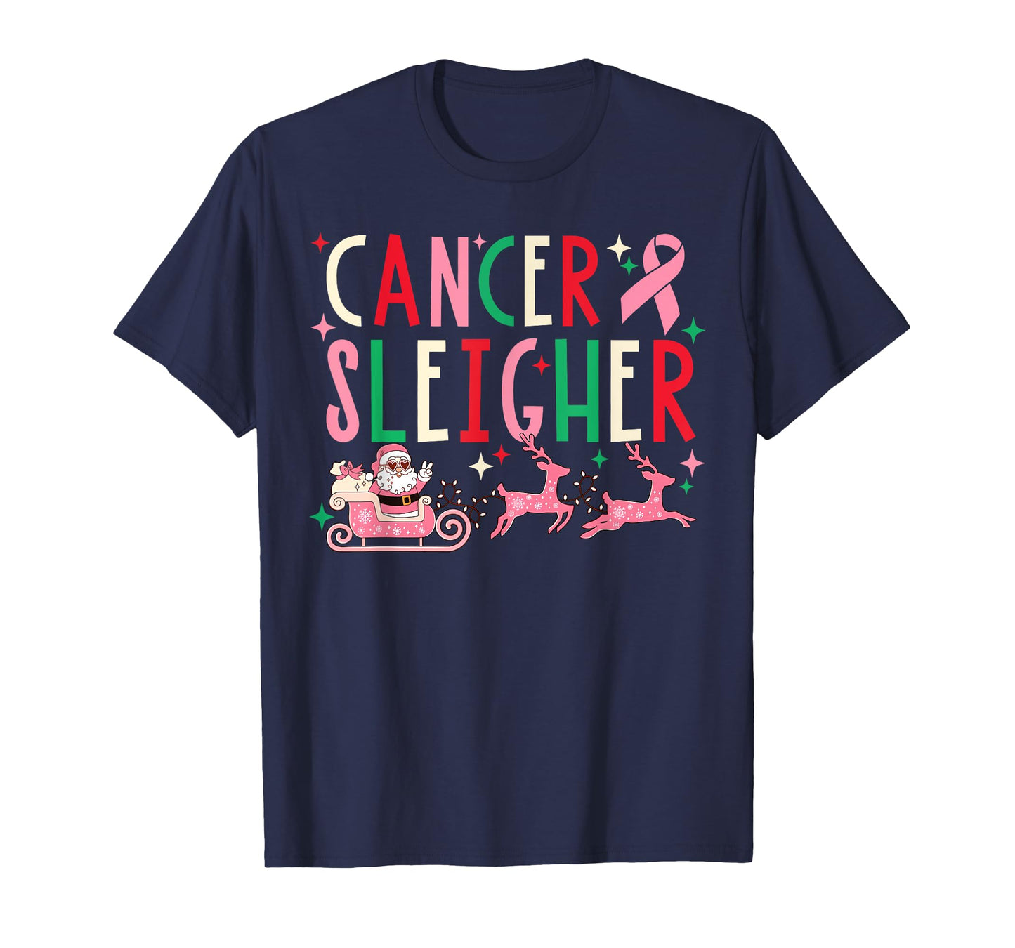Breast Cancer Christmas Pink Ribbon Santa Sleigh Reindeer T-Shirt