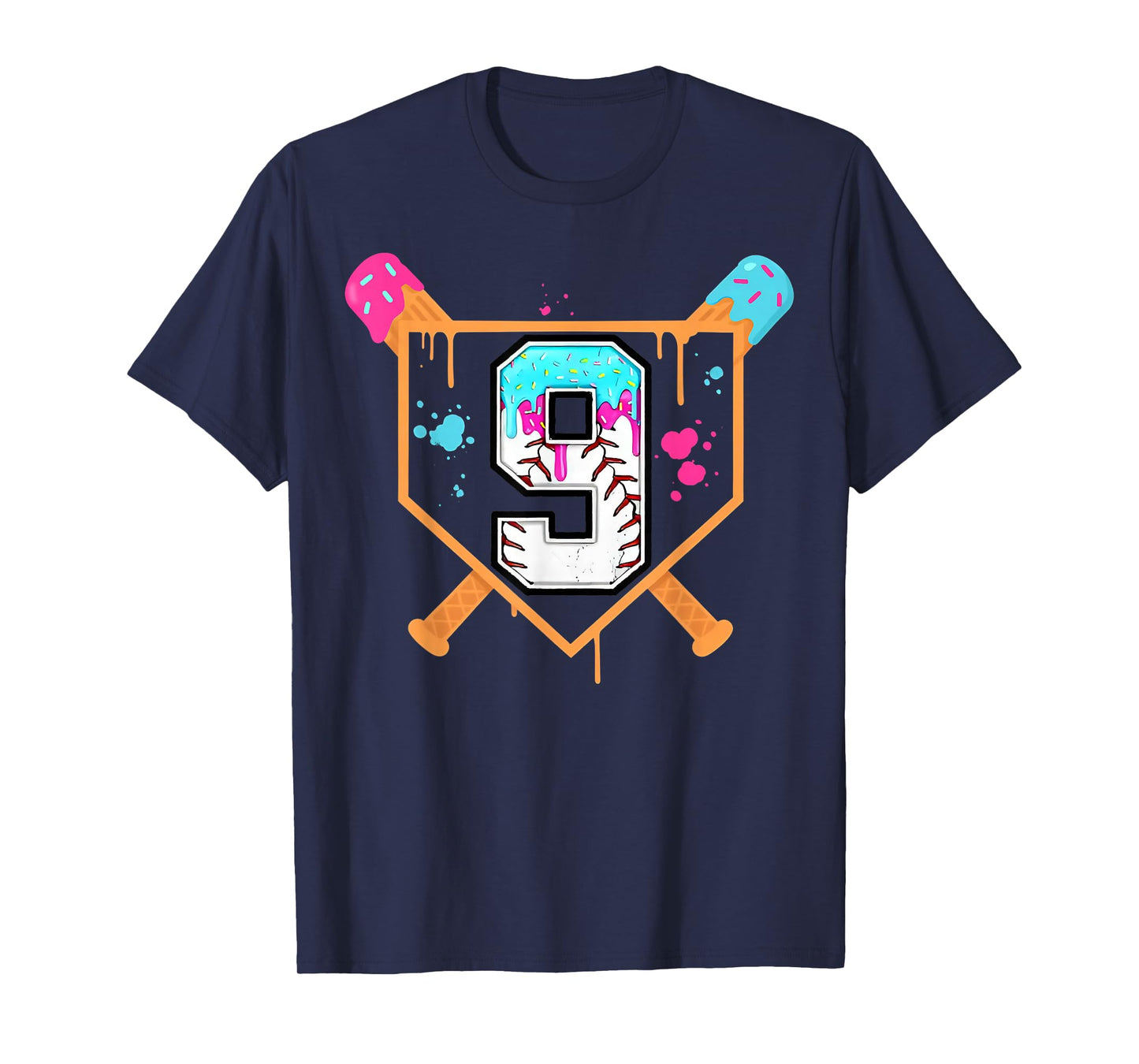 Baseball 9th Birthday Ice Cream Drip 9 Year Old Birthday Boy T-Shirt