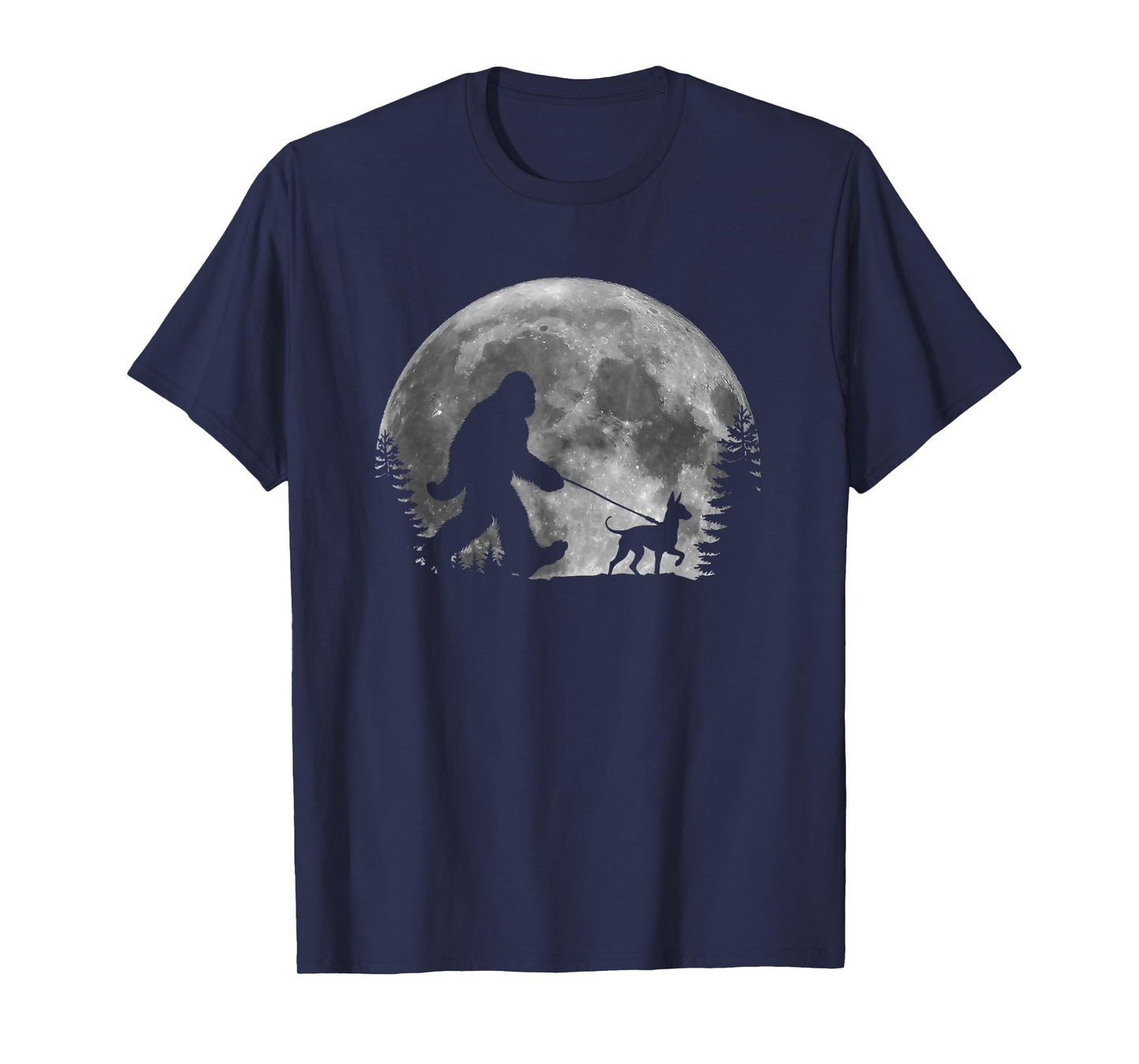 Bigfoot Walking a Dog Funny American Hairless Terrier Moon T-Shirt for Men Women Kids