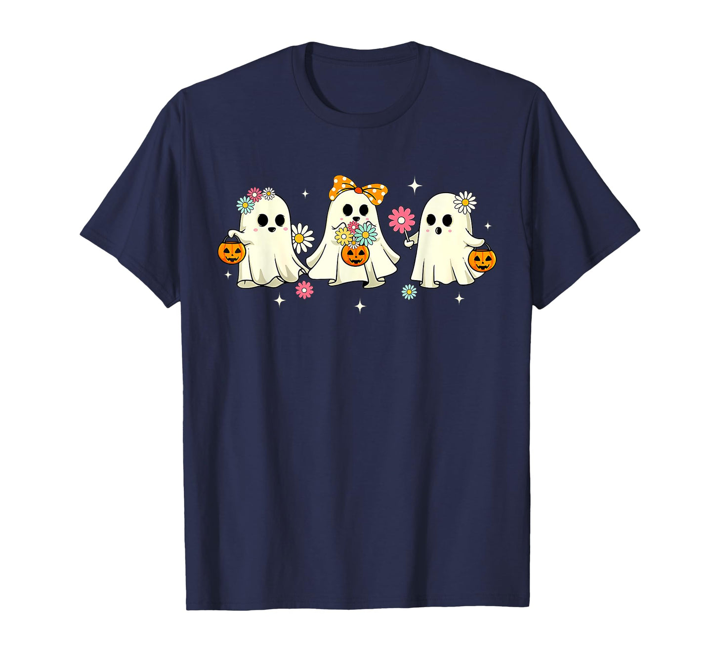Cute Ghost Floral Groovy Vintage Halloween Spooky Season T-Shirt