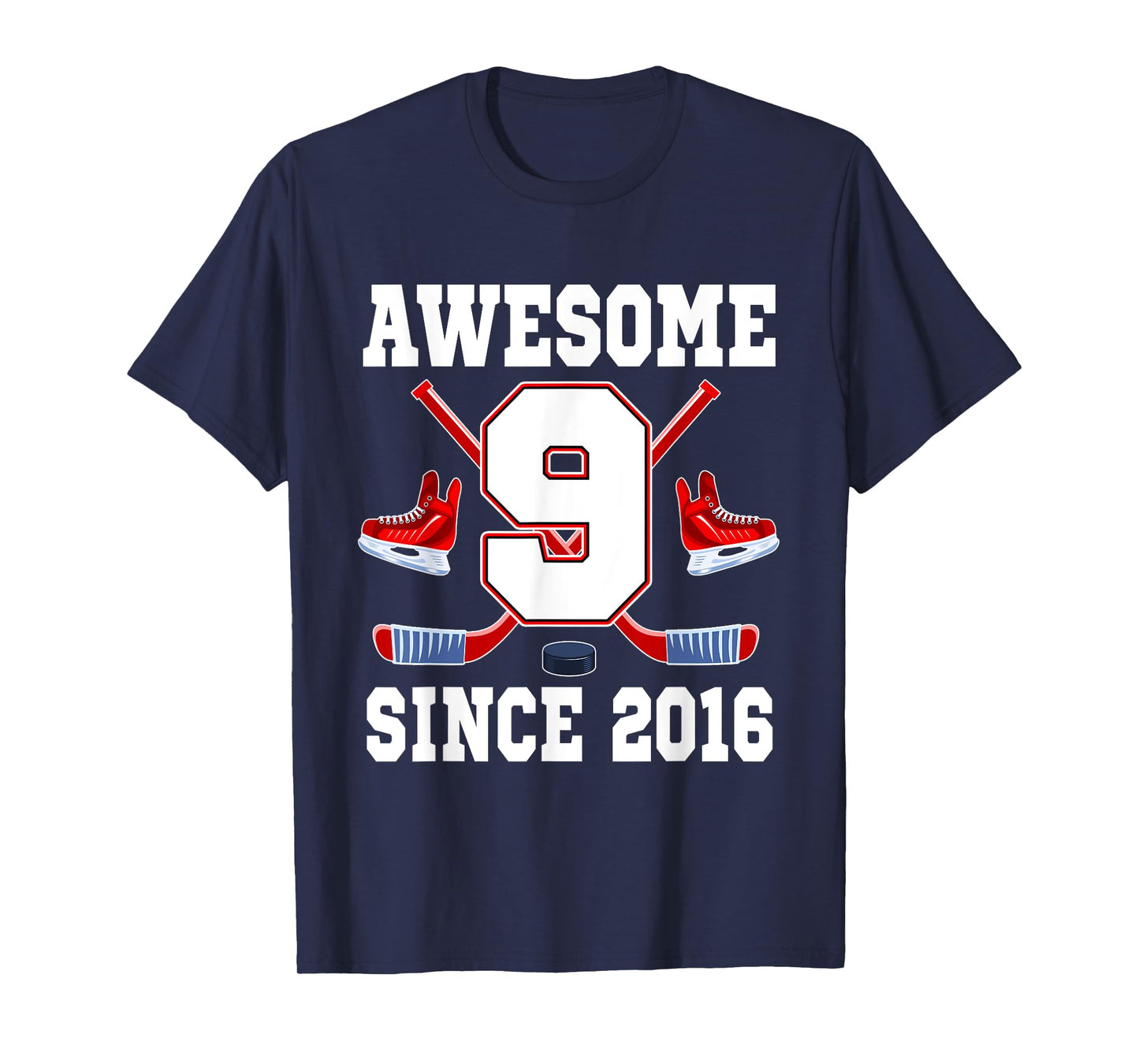 9 Year Old Birthday Ice Hockey Theme Awesome Since 2016 T-Shirt