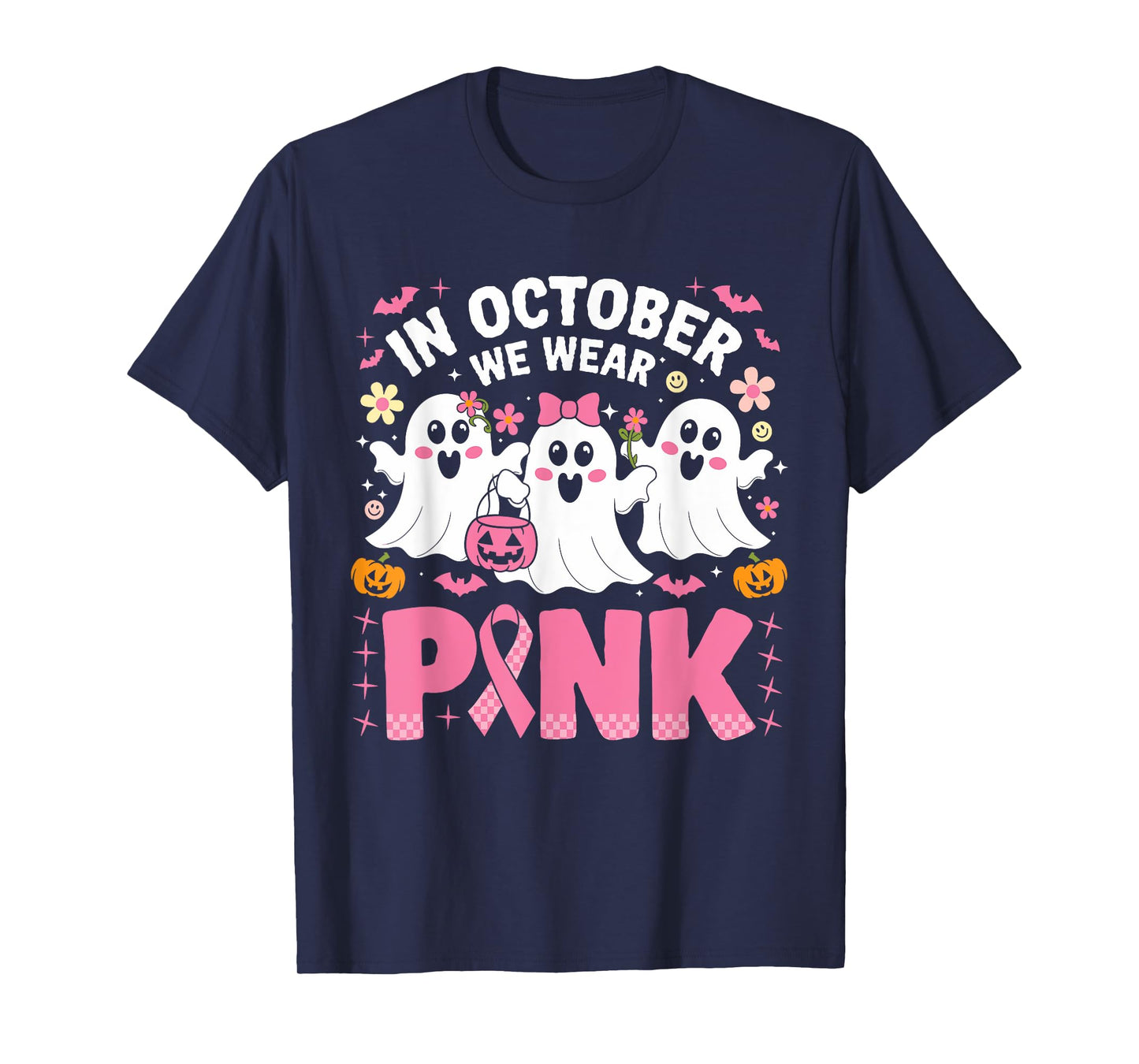In October We Wear Pink Ghost Witch Breast Cancer Awareness T-Shirt