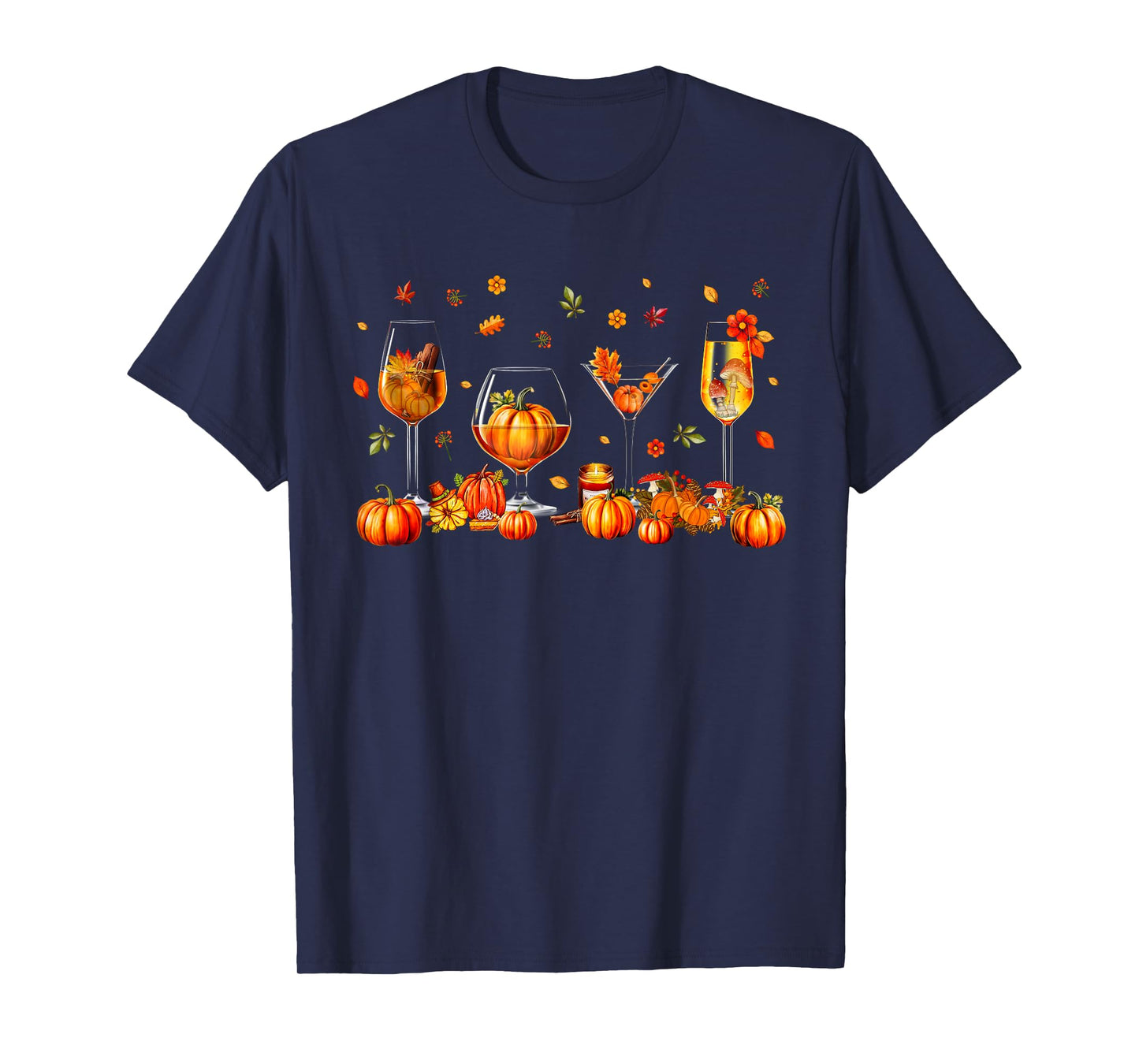 Wine Glasses Drinking Party Pumpkin Fall Season Thanksgiving T-Shirt