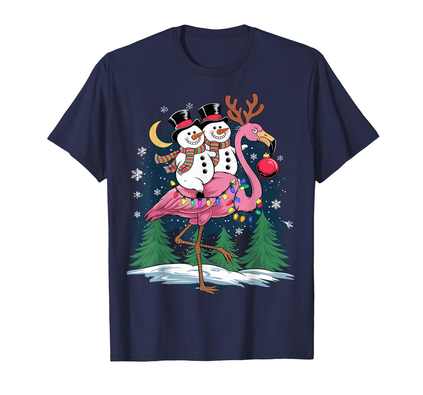 Christmas Snowman Riding Flamingo Xmas Girls Women T-Shirt