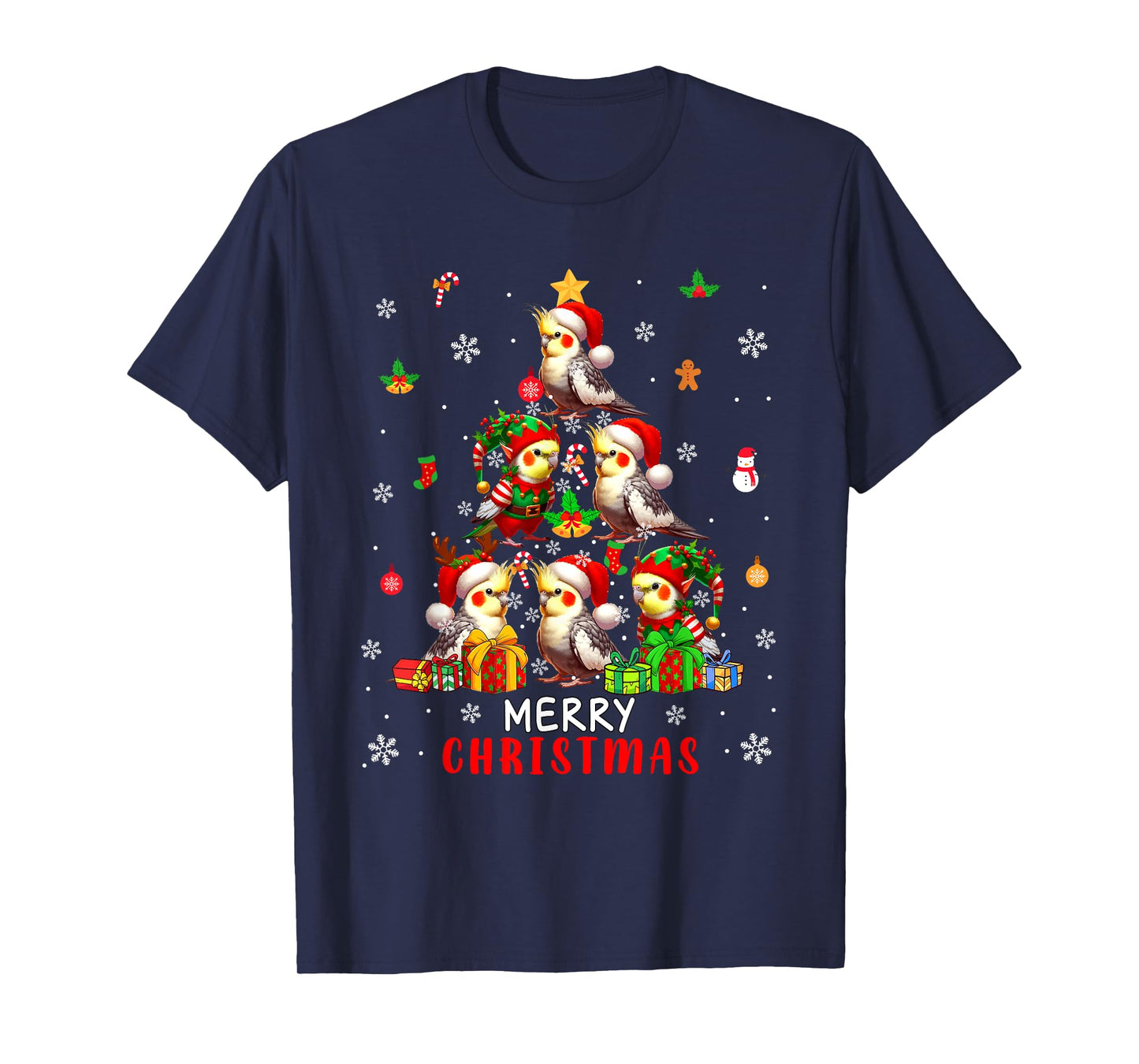 Merry Christmas Group Santa Elf Cockatiels As Xmas Tree Bird T-Shirt