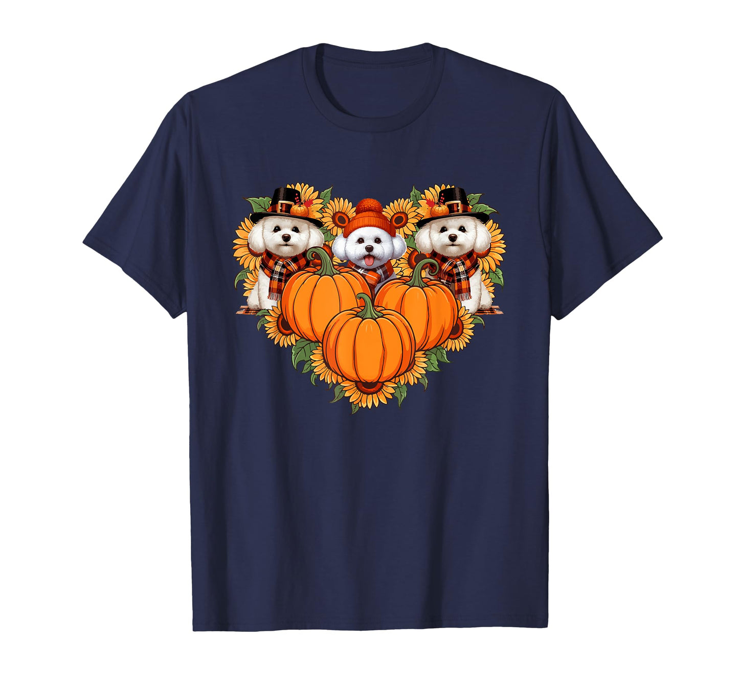 Three Cute Bichon Frises Thanksgiving Pilgrim Sunflowers T-Shirt