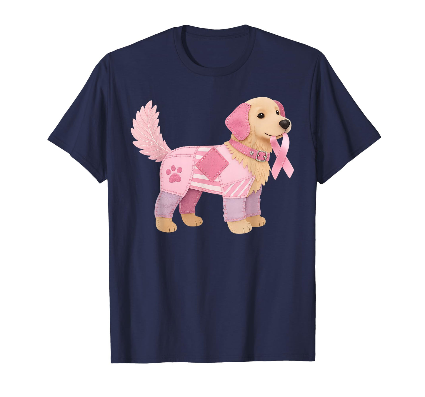 Patchwork Dog Pink Ribbon Breast Cancer Awareness Support T-Shirt