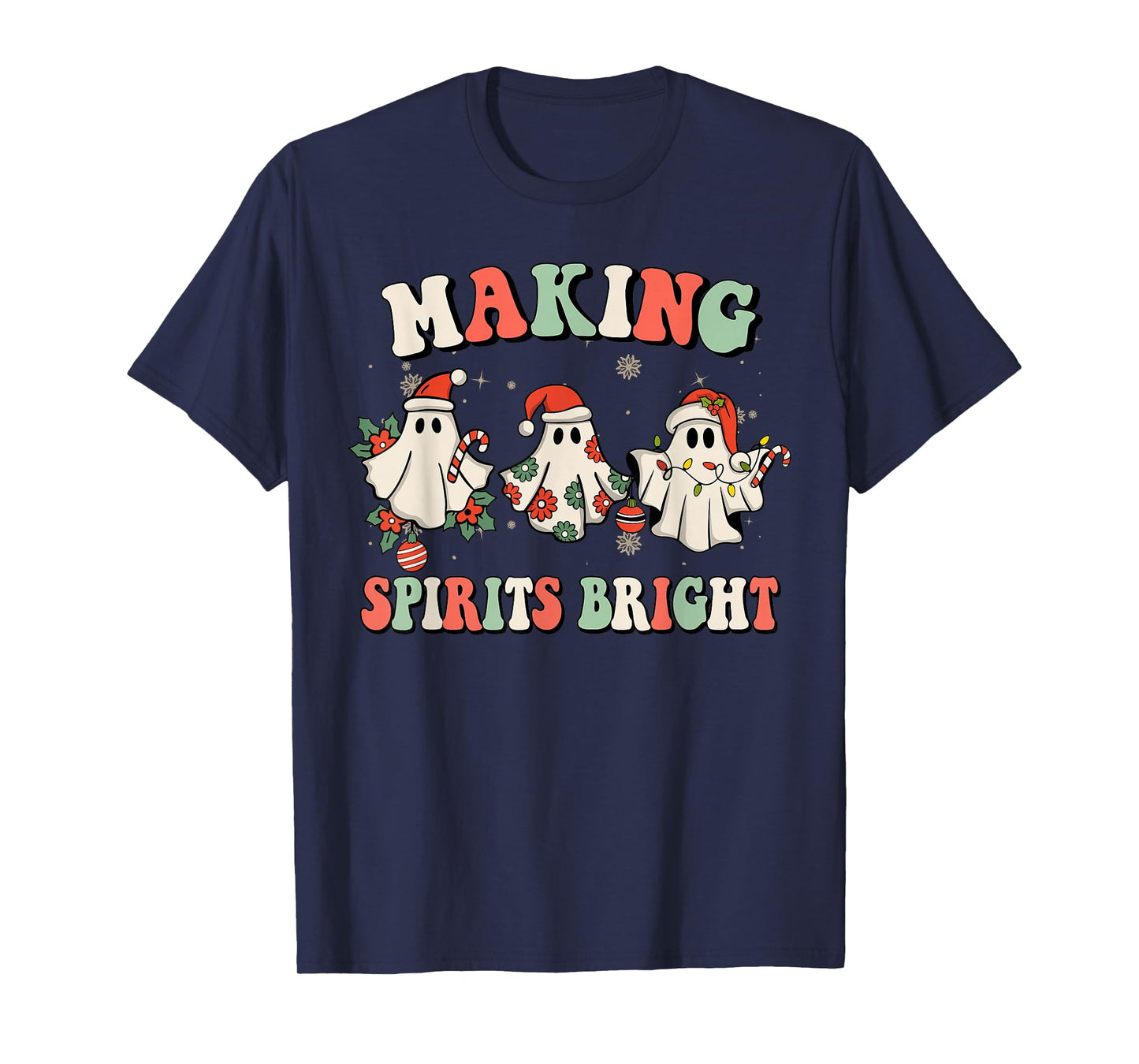Retro Groovy Christmas Ghost Making Spirits Bright Pajamas T-Shirt