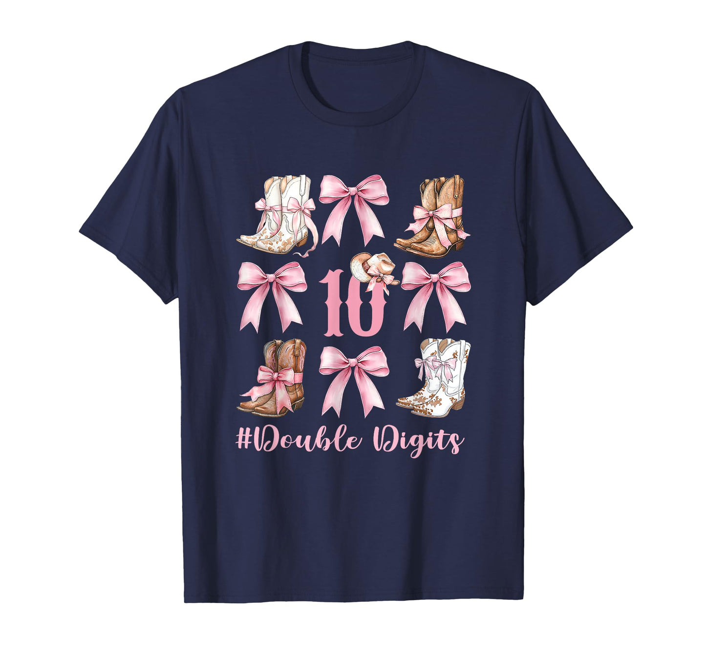 Pink Coquette Bows Western Cowgirl 10 Double Digits Birthday T-Shirt