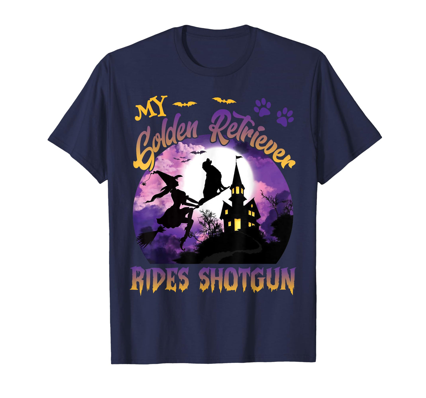 My Golden Retriever Rides Shotgun Cool Halloween Witch Dog T-Shirt