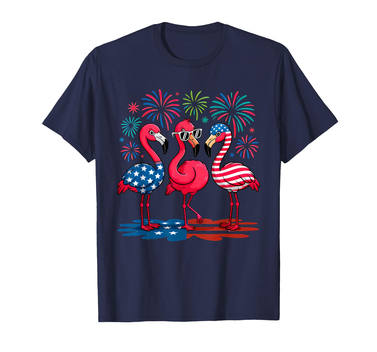 Flamingos And Fireworks Red White Blue 4th Of July American T-Shirt