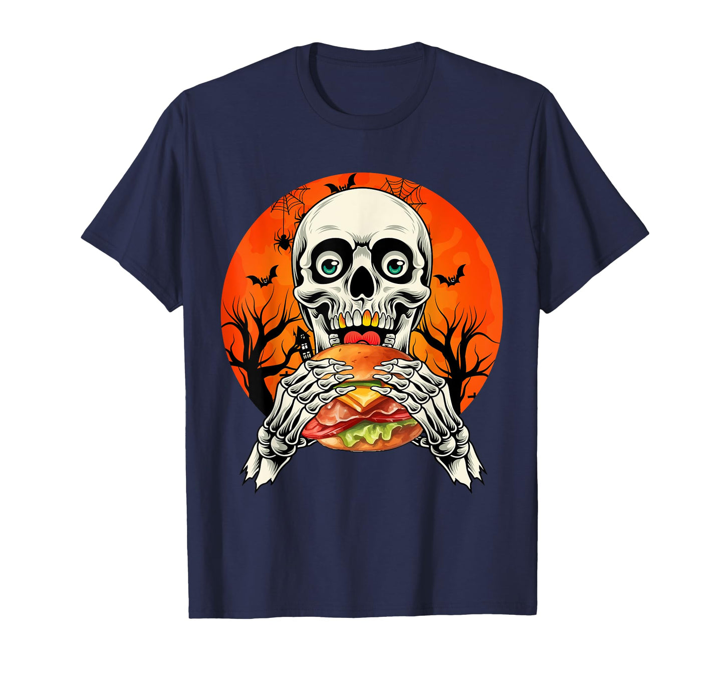 Horror Skeleton Eating Hamburger Halloween Costume Foodies T-Shirt