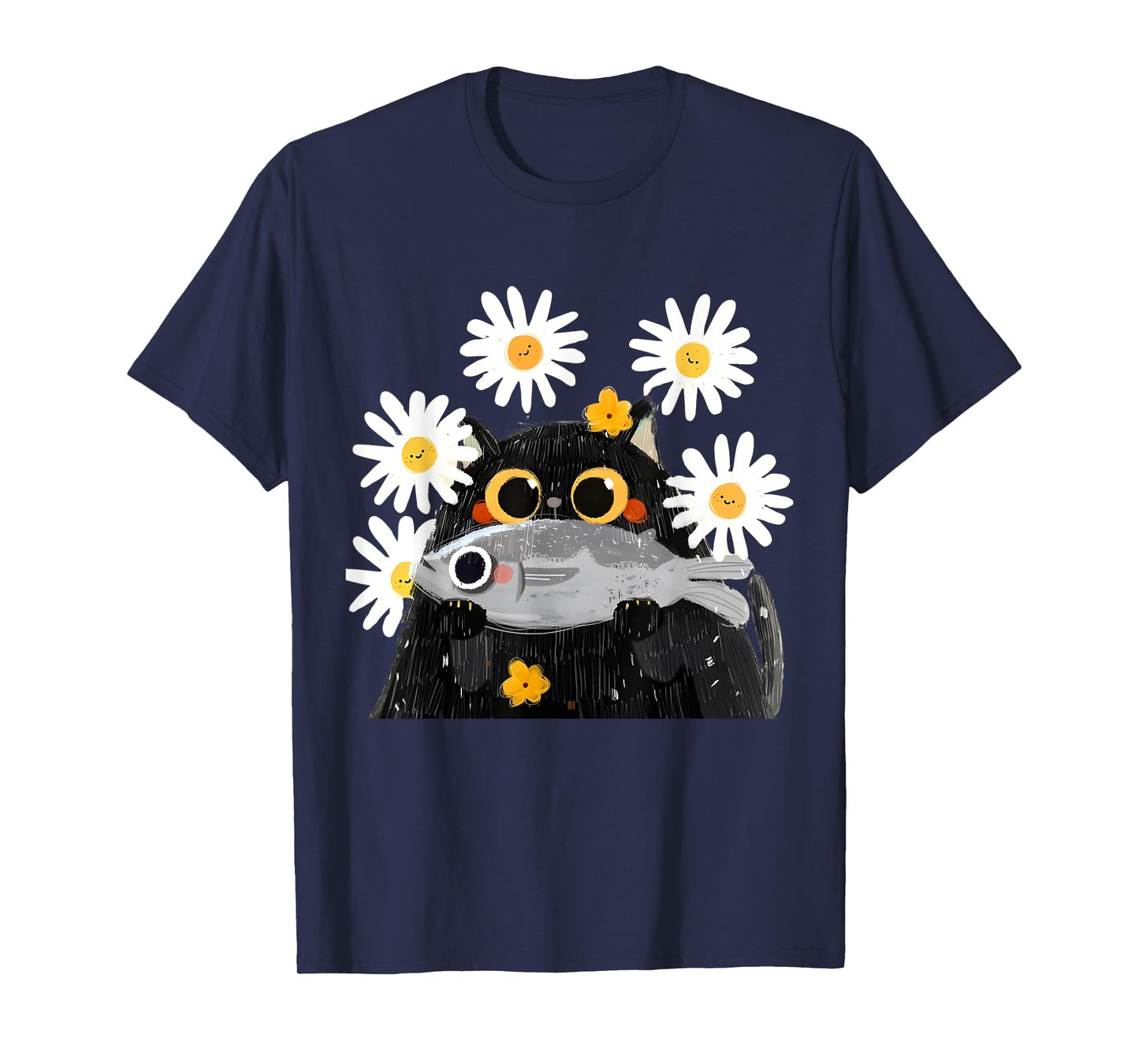 Cute Cat Holding Fish Cat Fish Lover Floral Cat Funny Kitty T-Shirt
