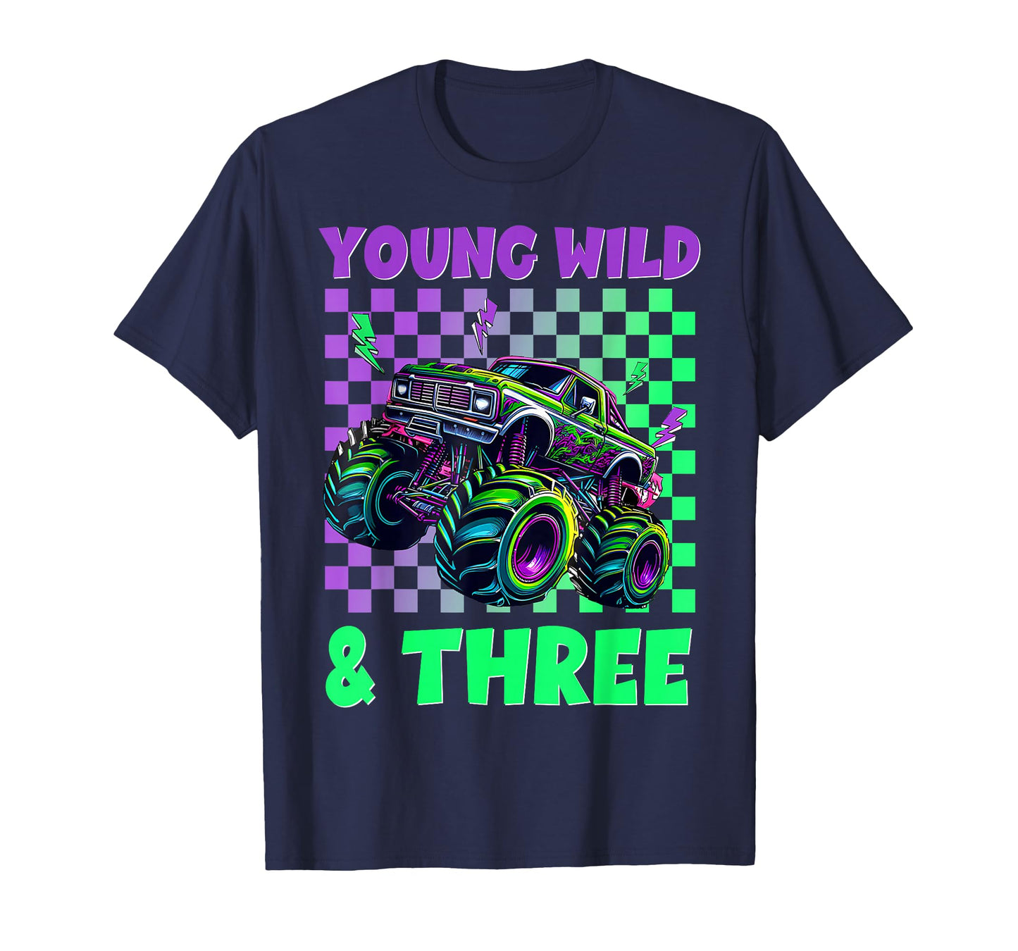 Kids 3rd Birthday Boy Monster Truck Young Wild And Three T-Shirt