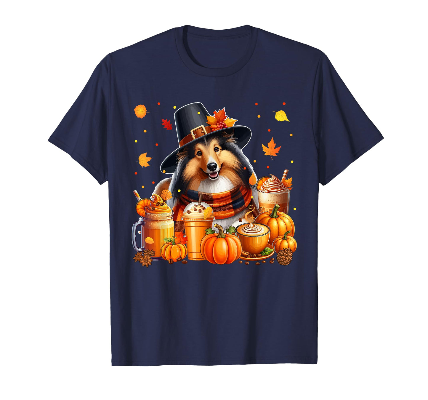 Sheltie Thanksgiving Drinks Coffee Fall Leaves Pumpkins T-Shirt