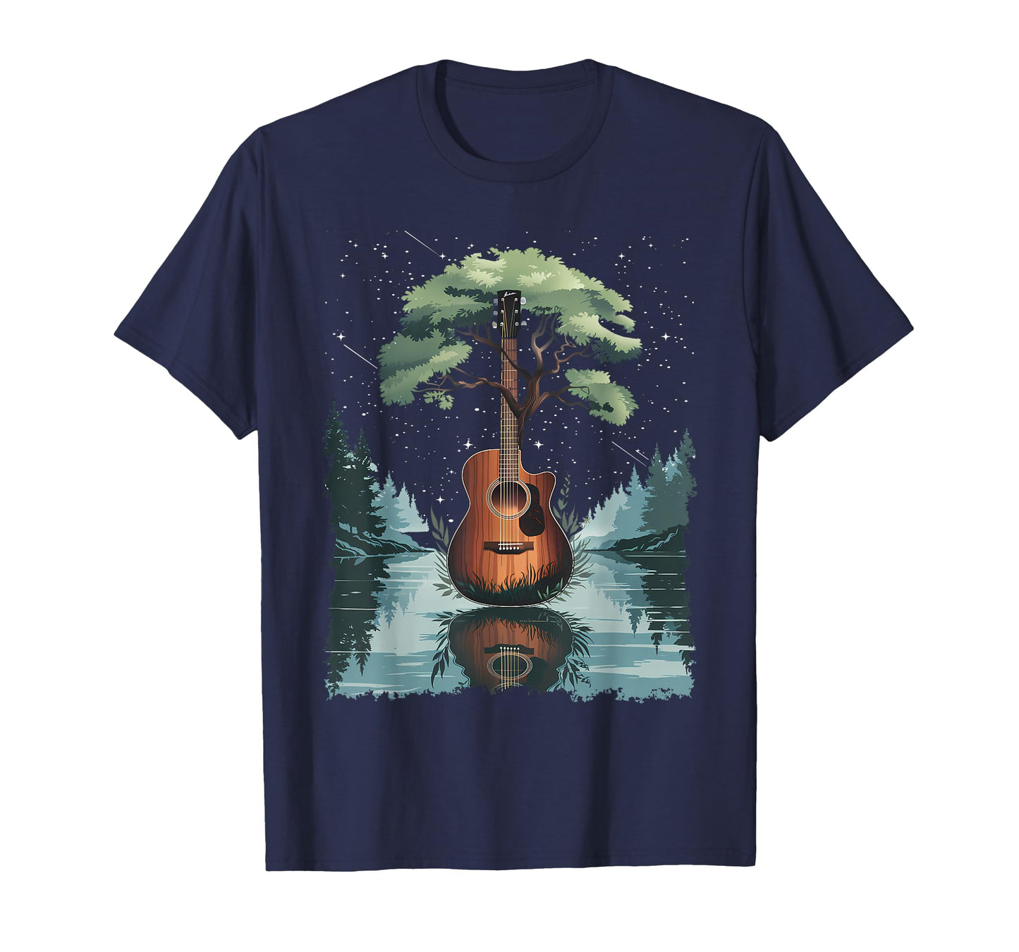 Acoustic Guitar Tree and Moon By The Lake Guitarist T-Shirt