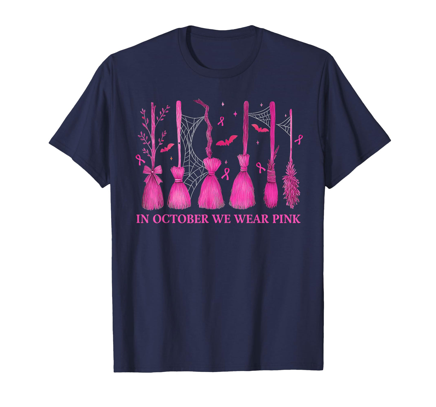 in October We Wear Pink Witch Broom Breast Cancer Halloween T-Shirt