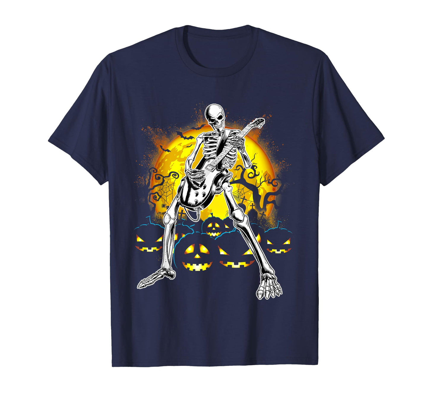 Happy Halloween Funny Skeleton Playing Guitar Pumpkin Vibes T-Shirt