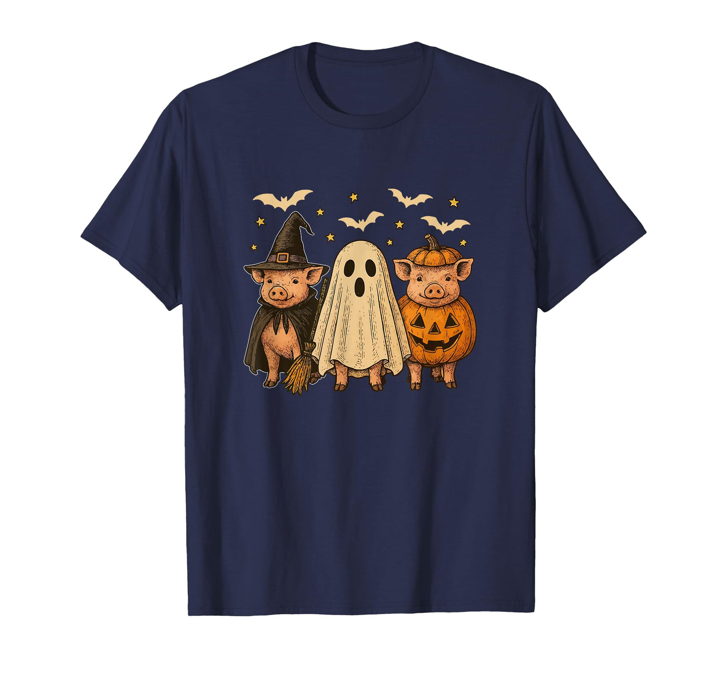 Three Halloween Pigs Cosplay Witch Boo Carved Pumpkin T-Shirt