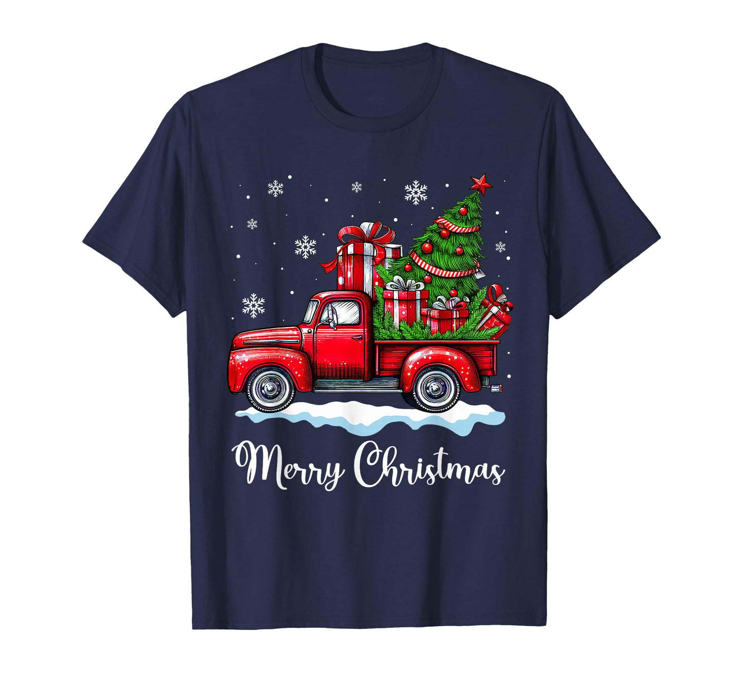 Vintage Merry Christmas Red Truck Funny Xmas Tree Boys Men T-Shirt