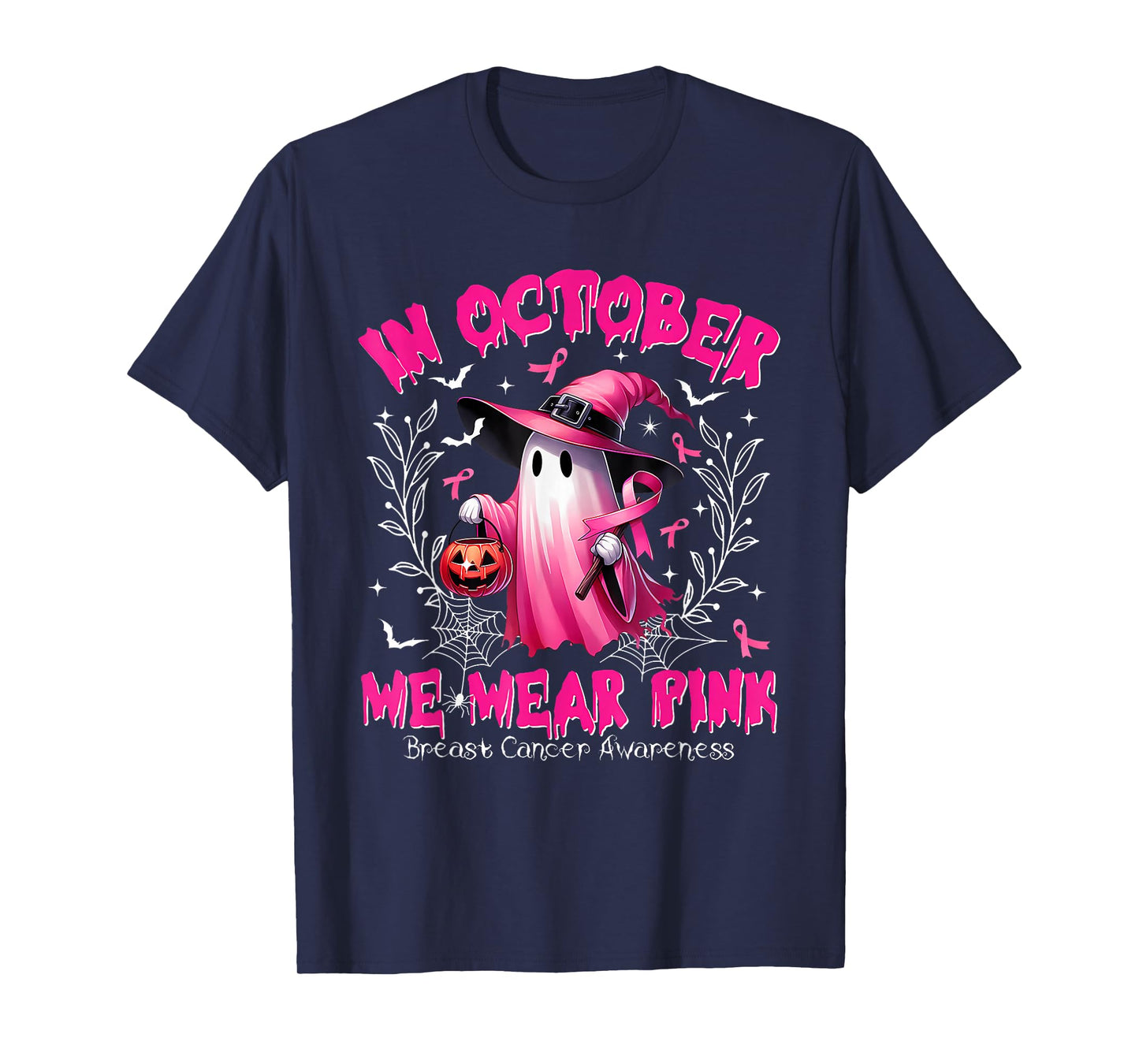 in October We Wear Pink Ghost Witch Breast Cancer Awareness T-Shirt