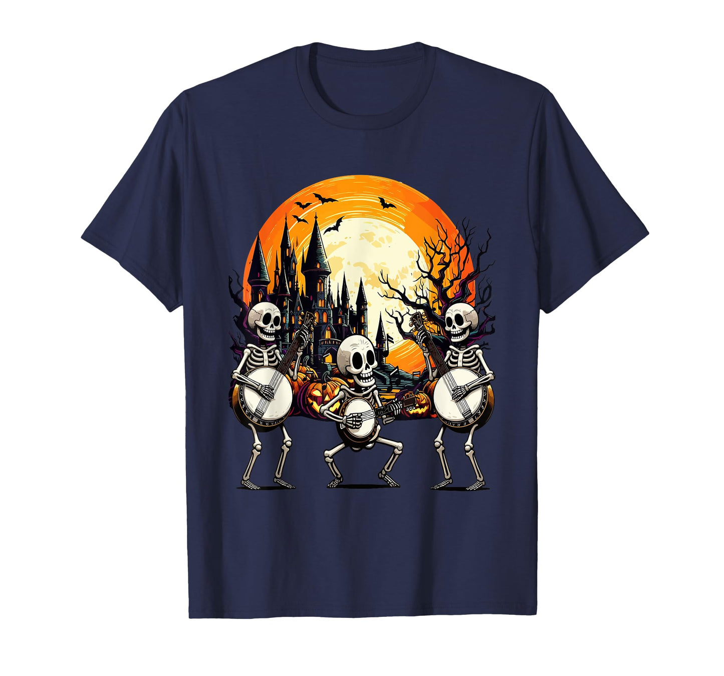 Three Funny Skeletons Playing Banjo Halloween Instrument T-Shirt