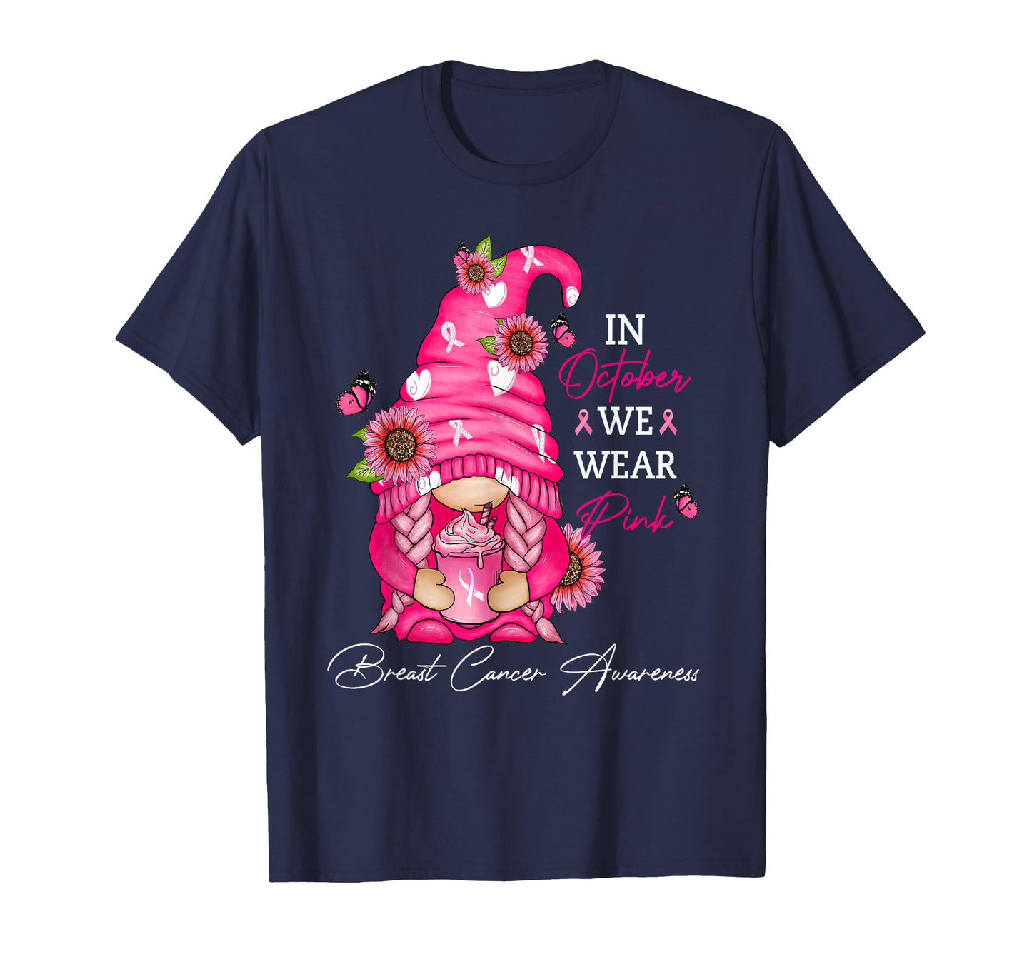 In October We Wear Pink Ribbon Breast Cancer Funny Gnome T-Shirt