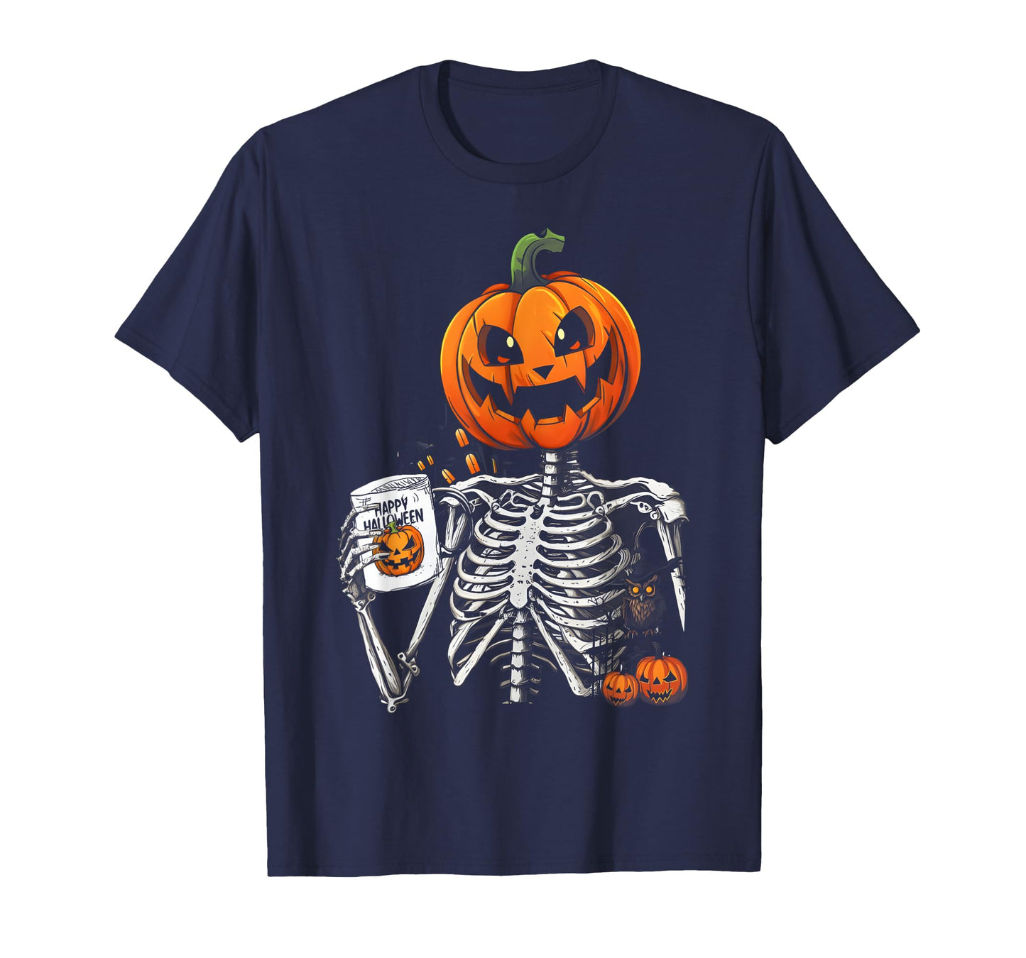 Coffee Drinking Skeleton Pumpkin Halloween Costume Women Men T-Shirt
