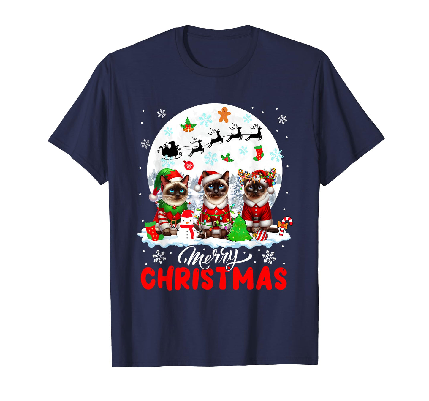 Merry Christmas Three Santa Elf Reindeer Siamese Cats Owner T-Shirt