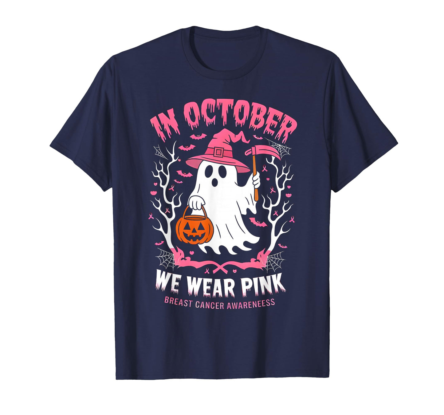 in October We Wear Pink Ghost Witch Breast Cancer Awareness T-Shirt