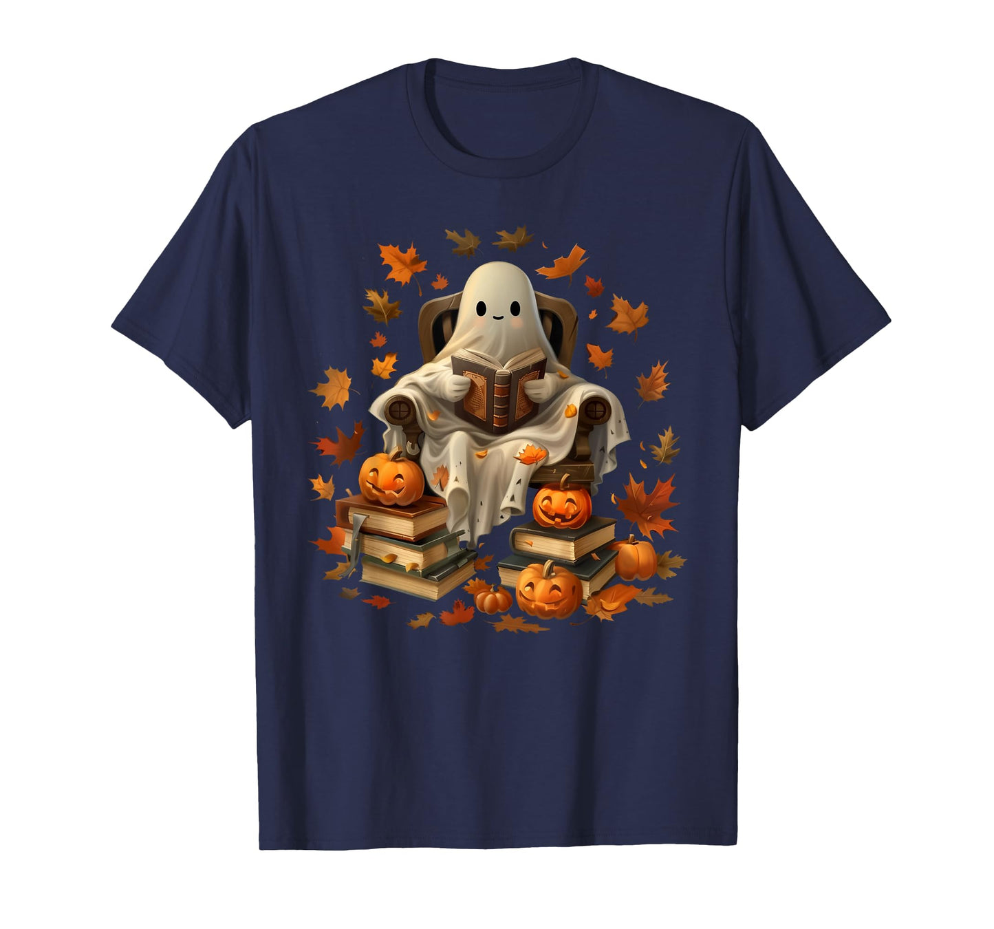 Vintage Ghost Book Reading Pumpkin Gothic Halloween Teachers Men Women Kids T-Shirt