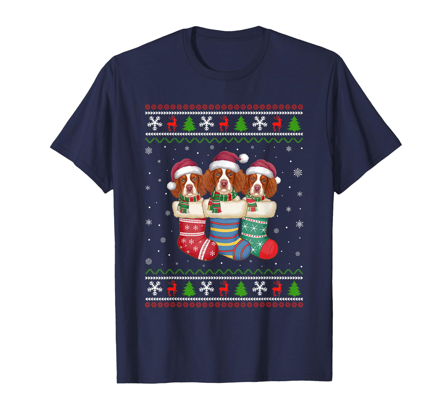 Ugly Xmas Sweater Brittany Spaniel Dog In Christmas Socks Men Women Kids T-Shirt