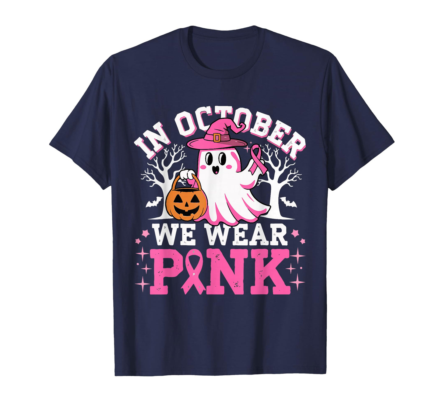 In October We Wear Pink Witch Ghost Halloween Breast Cancer T-Shirt