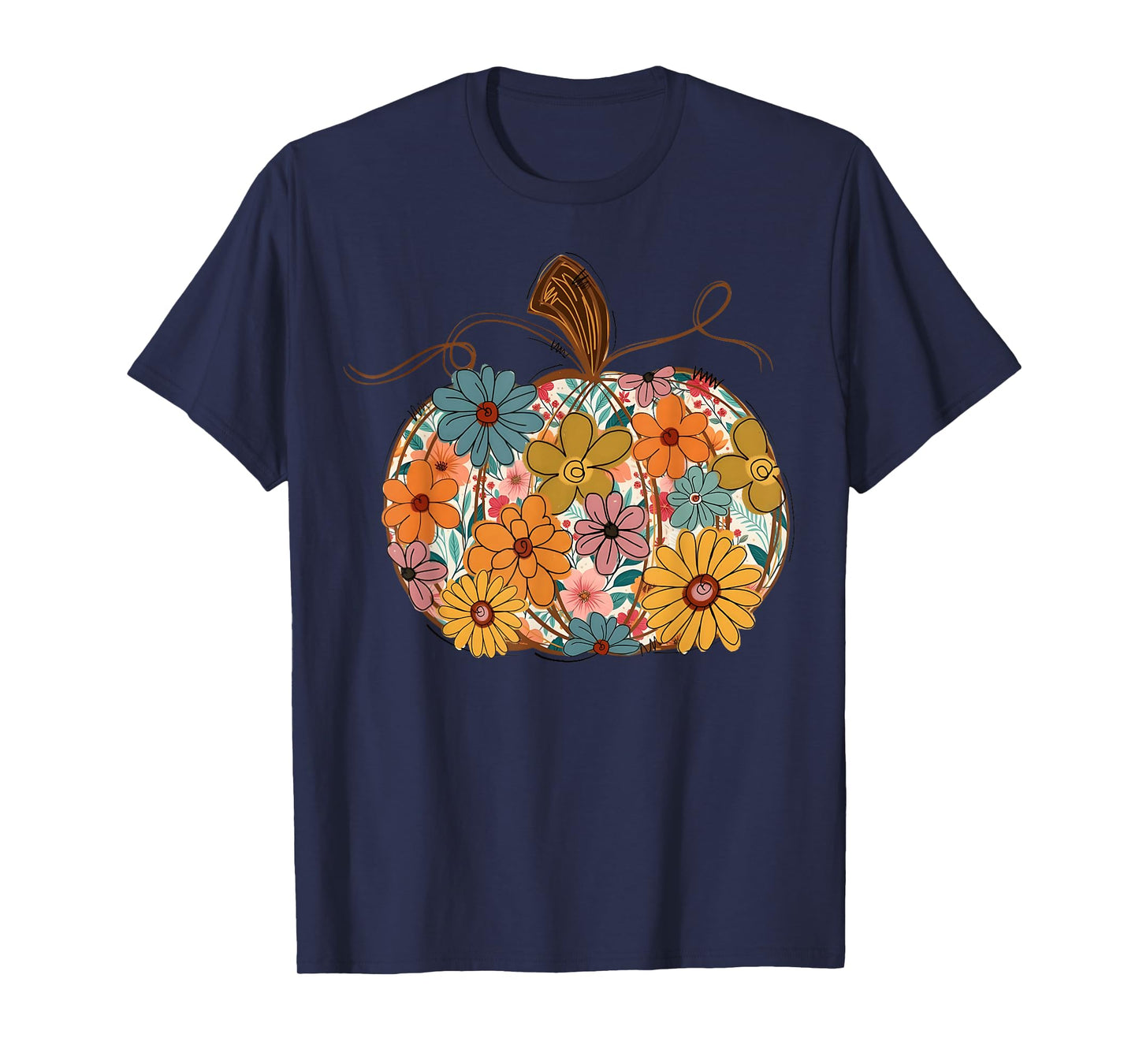 Pumpkin Floral Autumn Fall Season Wildflower Thanksgiving T-Shirt