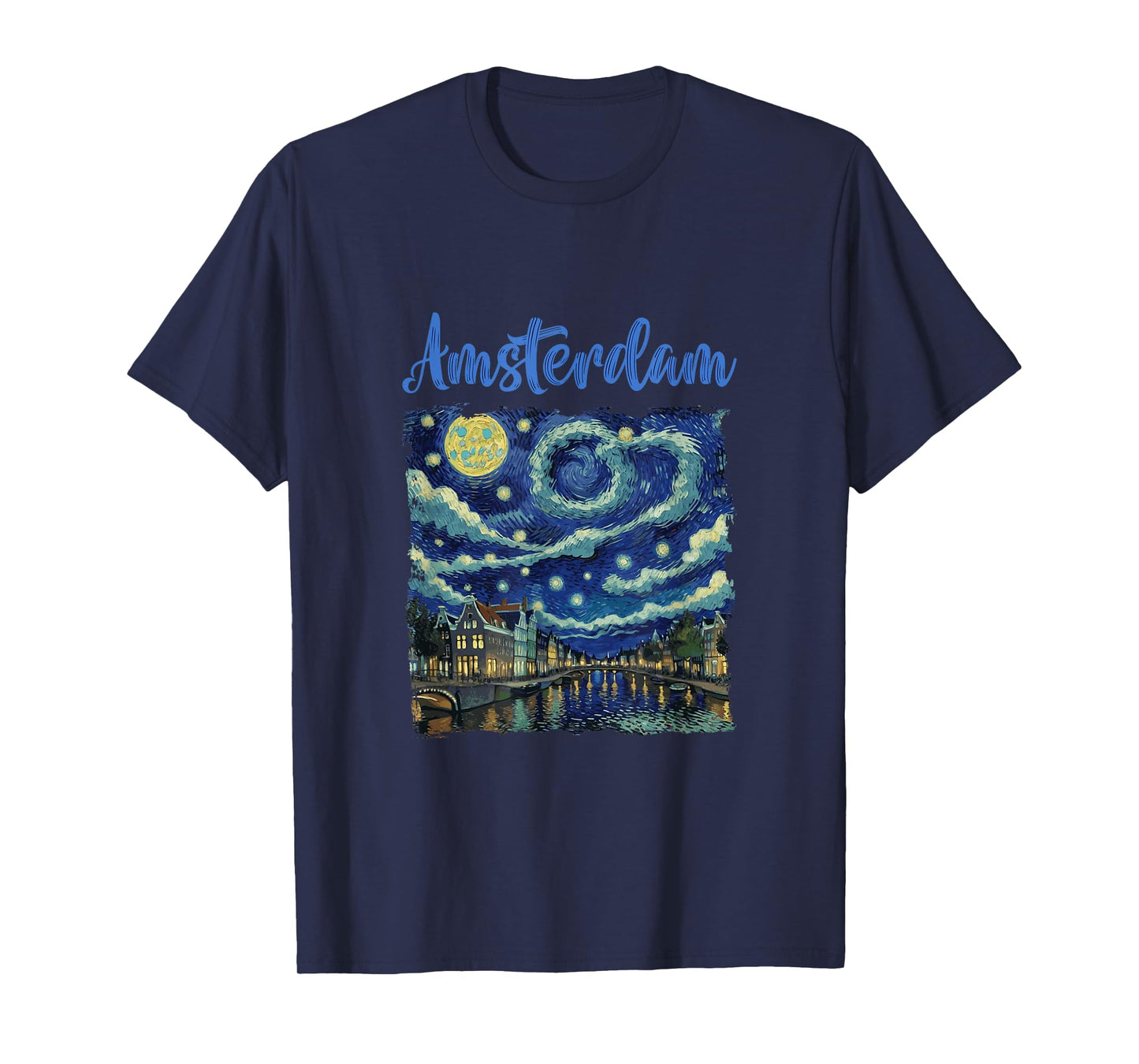Vintage Amsterdam Canal Street At Night Van Gogh Art Style T-Shirt