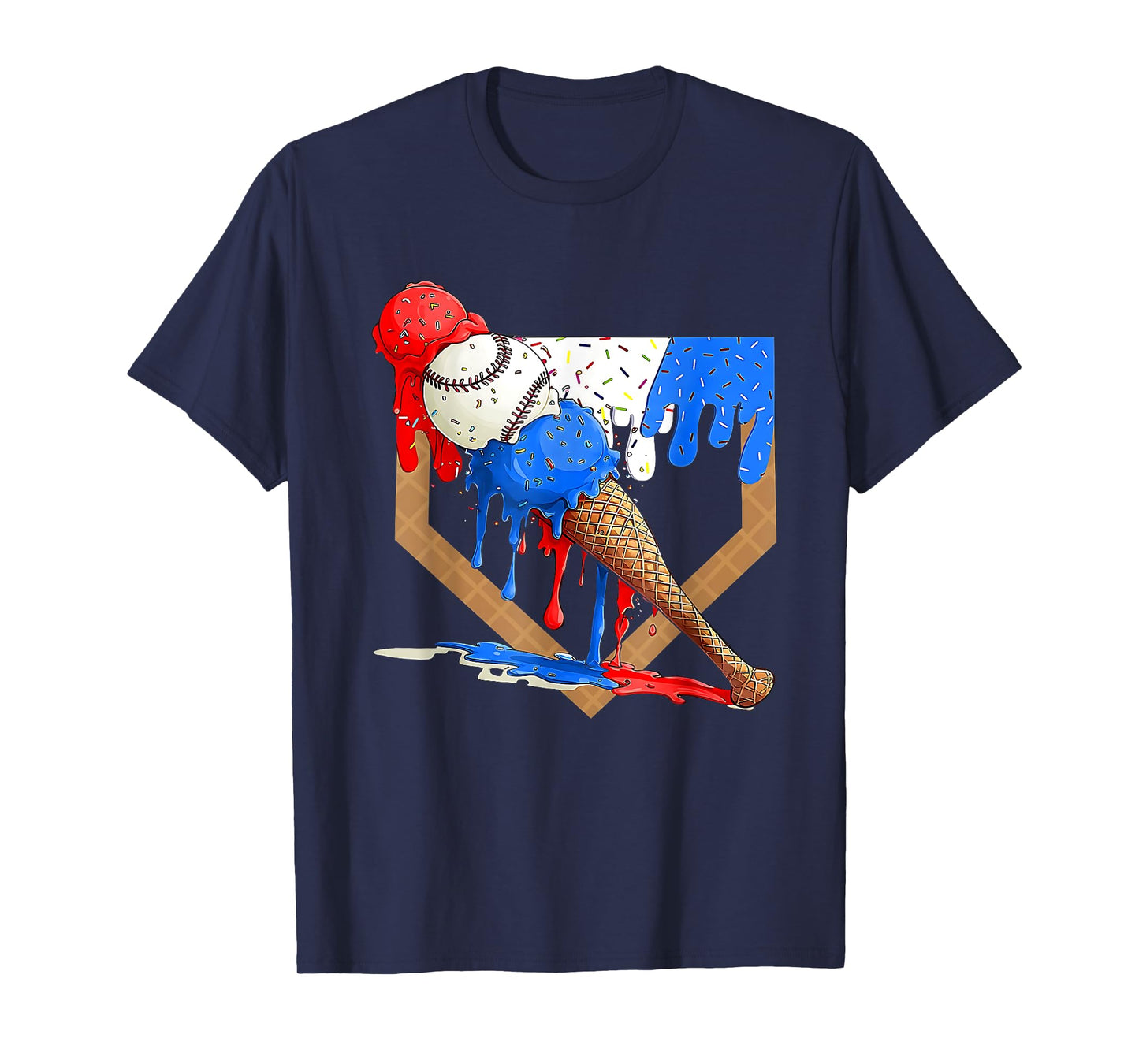 4th Of July Baseball Drip Ice Cream Patriotic American Flag T-Shirt