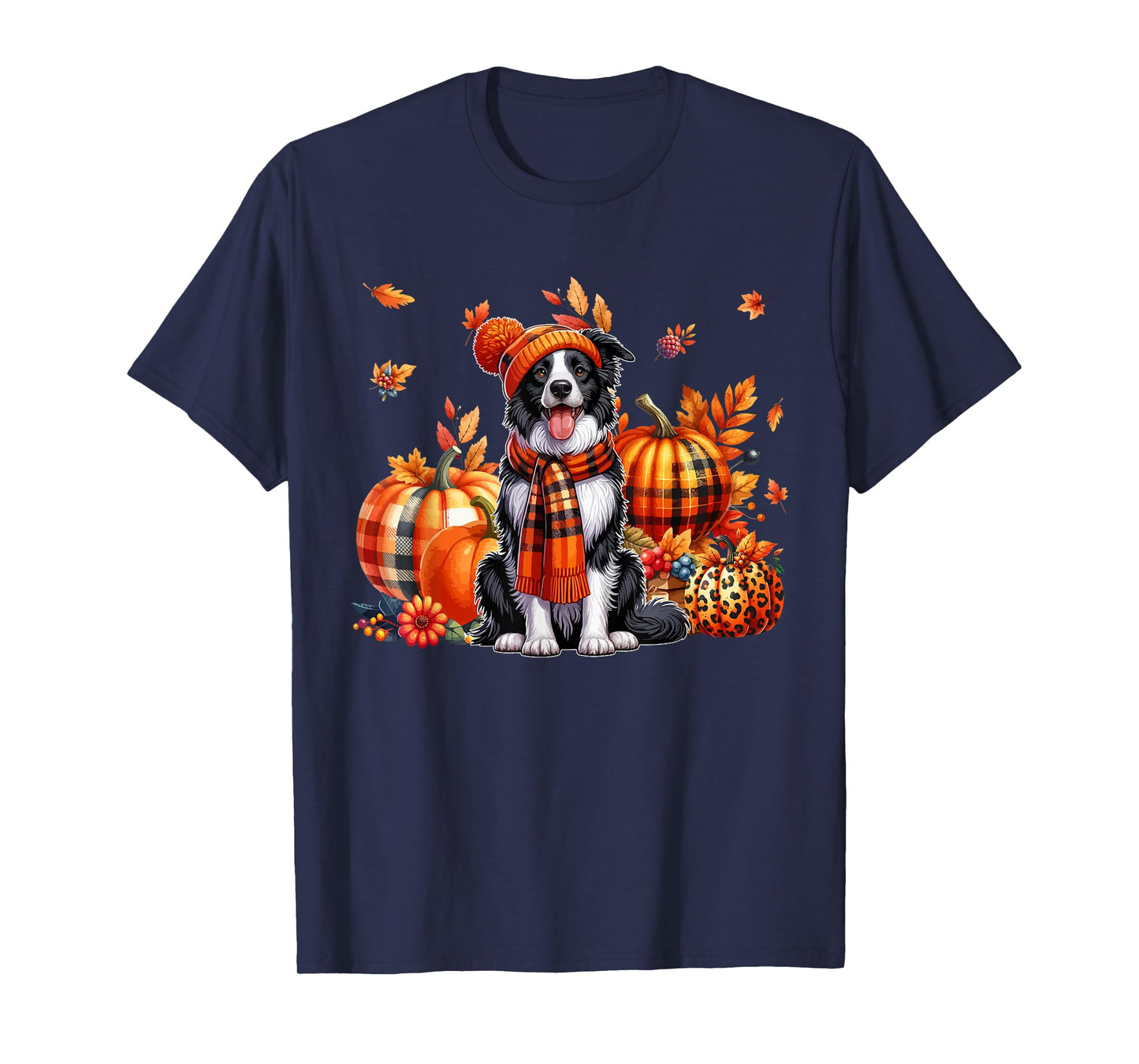 Border Collie Thanksgiving Leopard Pumpkins Fall Leaves T-Shirt