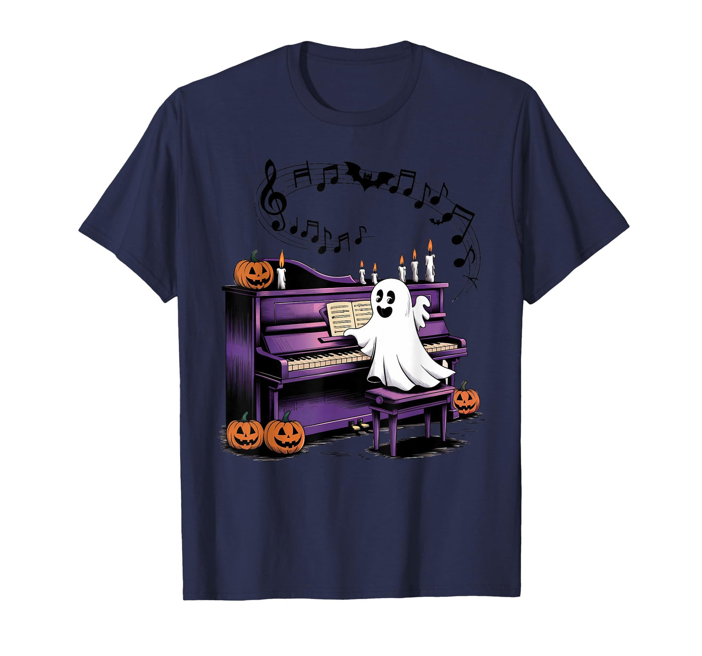 Spooky Halloween Ghost Playing Piano Pianist Musical Lovers T-Shirt
