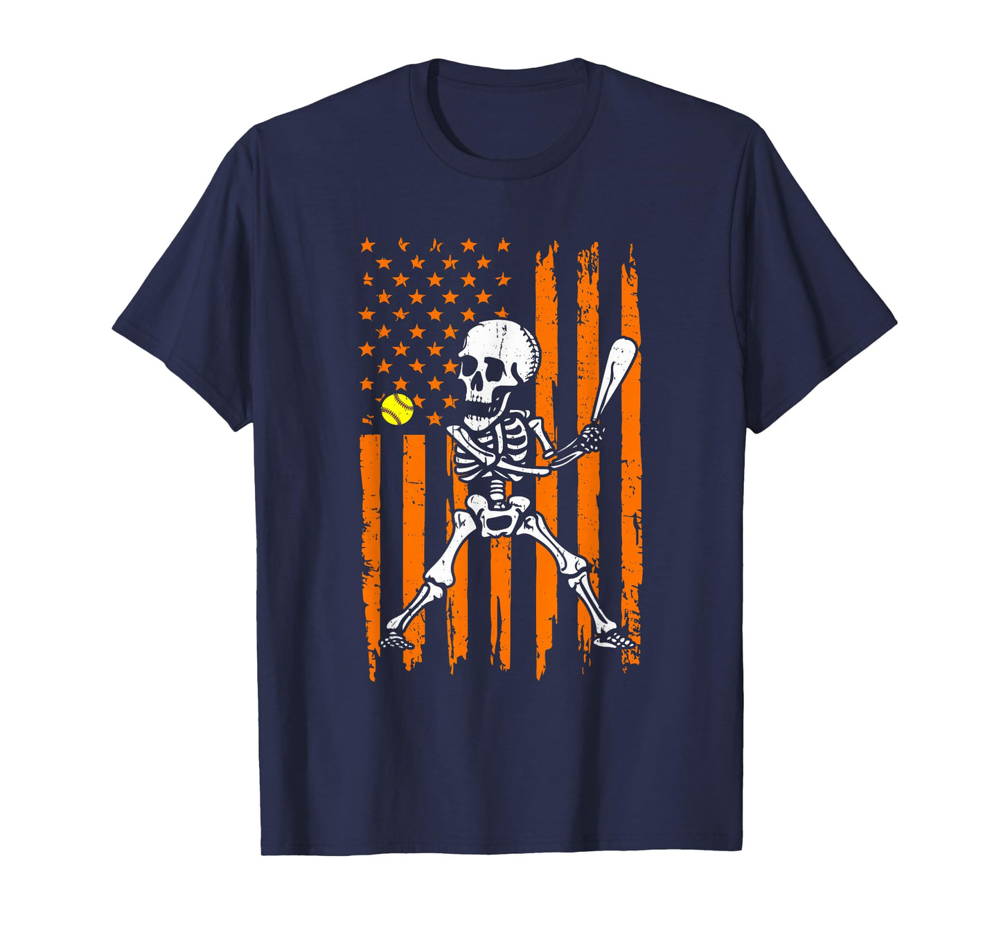 Retro Skeleton Playing Softball USA Flag Halloween Boys Kids T-Shirt